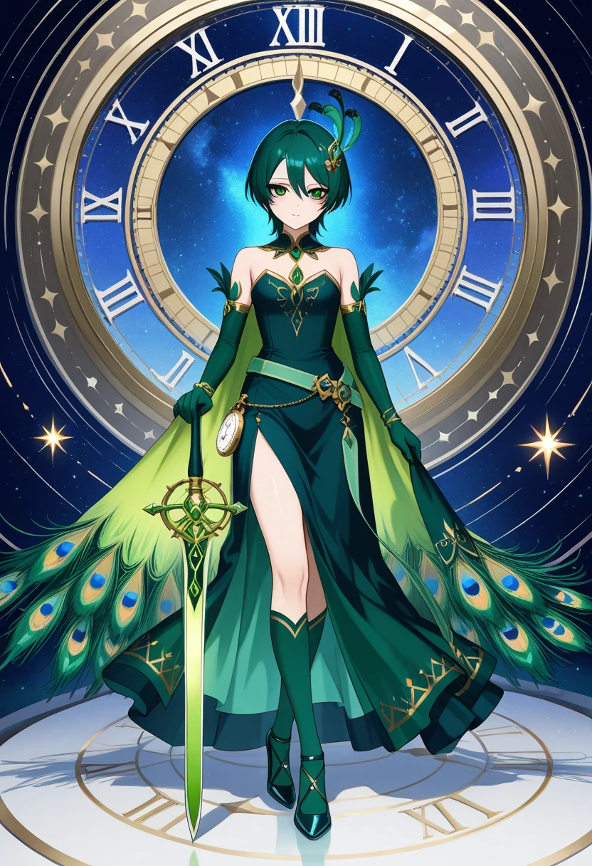 anime style, a magical sorceress girl who controls time, casting a time spell on his right hand he holds a Foldable fan of peacock feathers majico with turkey feathers that emanates a magical energy green has a calm expression and open dark green eyes, , expressive with traumatic eyes and detailed with makeup above the eyes, blue short hair on the back, also short and bright dark green with eyes painted around bangs that fall between the eyes, hair decoration, a first with peacock feathers on the back has a sorceress's cape Long green with details with multicolored blue details star glitter . She wears a full body dress, Northern Lights color palette a combination of star sparkles,  shoulders a  in the knee, long skirt in fine transparent fabric with shiny star details,  with around the waist a green belt with a diamond and with a detailed pocket watch,  and green gloves fingertips transparent blue socks degraded to navy blue shoes,  Glass Heels , magic glitters multicolored blue-green,  with a small green sword  , Book of sorcery, a cocoon of invocation, a landscape with many cosmic nebulae, international green portals, large time clock and sharp peacock feathers flying around in a place outside of space and time 