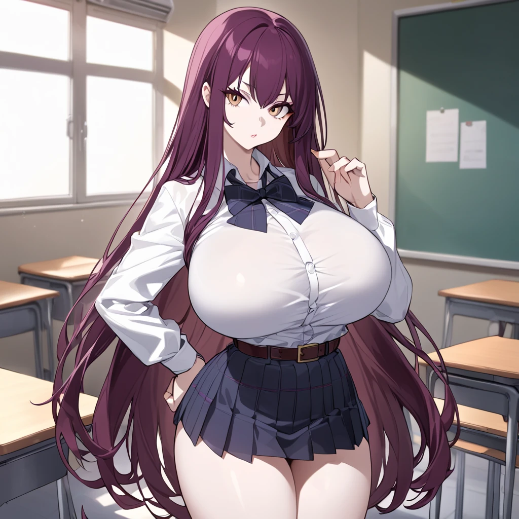 DDLCYURI, DDLCYURI, hair ornament, hair clip, hairlong, (violet eyes:1.1), massive breast, (Huge-breasts:1.4), purple hair, grin, Smile, hair above the eyes, Blazer BREAK, blouse, Blue skirt, jacket, (brown jacket:1.5), mini skirt, neck ribbon, band, school uniform, Shoes, Shirt, Above Knees, upskirt, white shirt, wing collar, thights, thights, zettai ryouiki break looking at the viewer, BREAKTHROUGH in the room, Classroom, BREAK (Masterpiece:1.2), Best Quality, High Resolution, Unity 8k壁纸, (illustartion:0.8), (beautiful detail eyes:1.6), extremely detailed face, perfect lighting, extremely detailed CGI, (perfect arms, perfect anatomy)