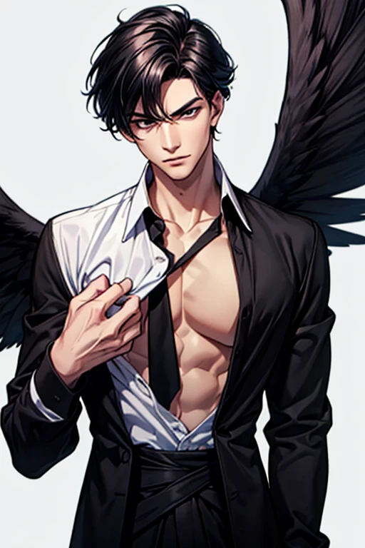 Beautiful and muscular young man, angel, broken wings in his hands, serious look, blood coming out of the wings, dark hair too short, black scenery, black dark eyes