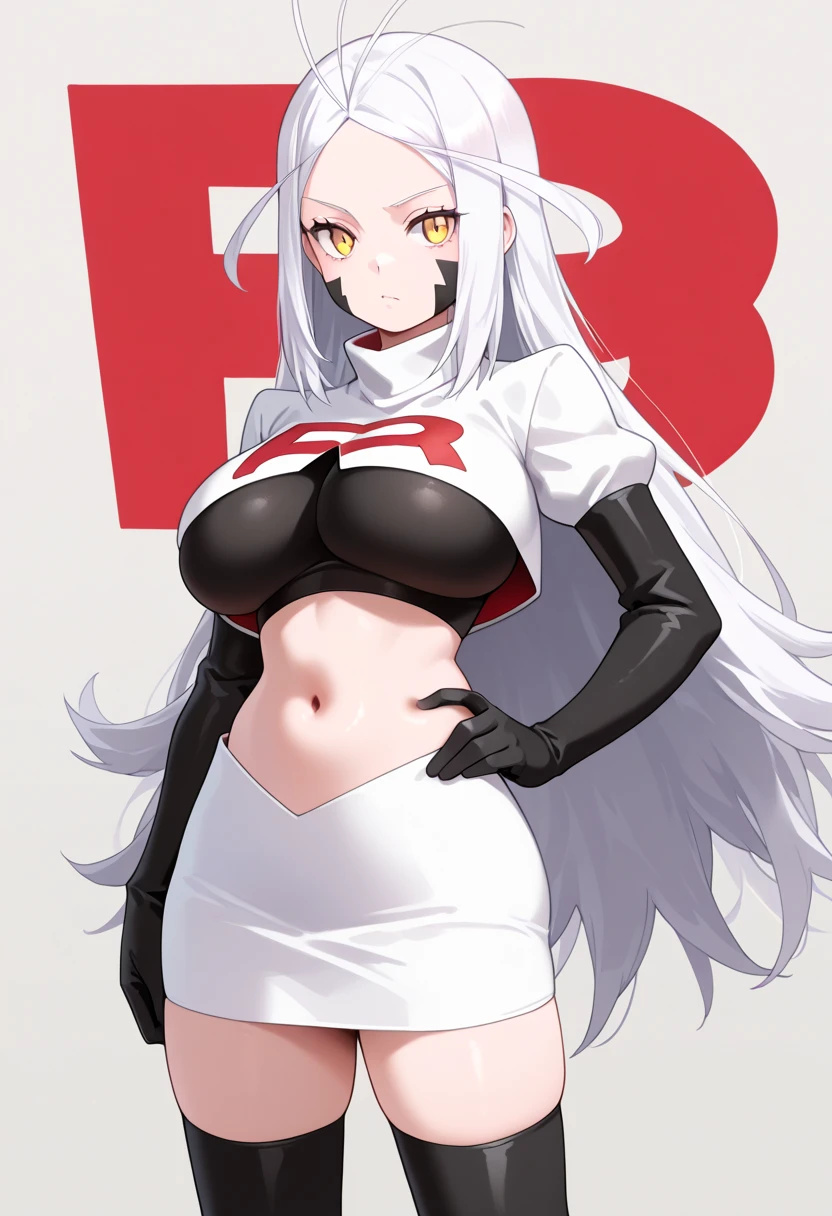 masterpiece, best quality, PrinzV4, 1girl, solo, long hair, breasts, looking at viewer, large breasts, navel, yellow eyes, white hair, red hair, multicolored hair, streaked hair, headgear, team rocket,team rocket uniform,white skirt,red letter R,crop top,black thigh-highs,black elbow gloves