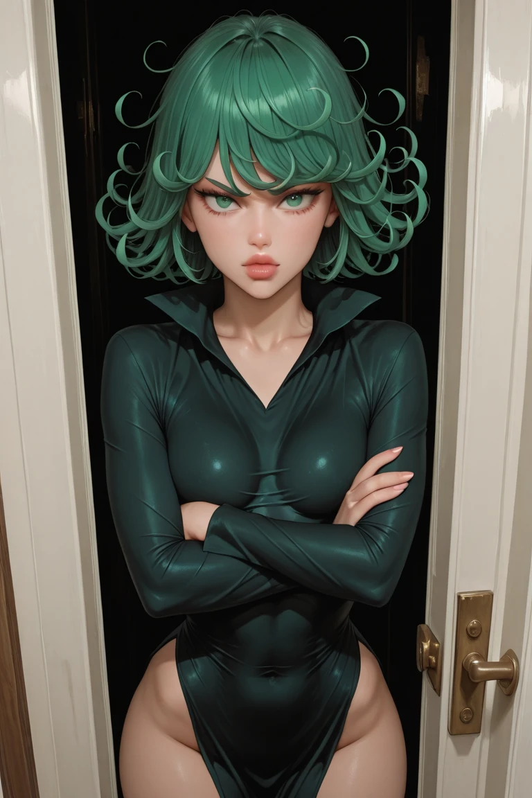 score_9, score_8_up, score_7_up, score_6_up, score_5_up, 1girl, Tatsumaki, green hair, perky, free use, standing up, back turned to the camera, black hair, cowboy shot, latex princess, black sling shot swimsuit, cut out inner under breasts, cleavage, midriff, latex princess, elbow gloves, toned, (insanely detailed, beautiful detailed face, masterpiece, best quality) in a bdsm room (insanely detailed, beautiful detailed face, masterpiece, best quality)