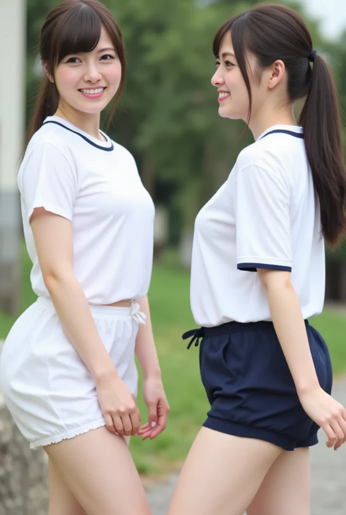 (2girls, Same height :1.2) ,Back view, couple focus , japanaese girl , (Smile:0.7), Stand next to each other , Upper body, gymnastic suit, White tee shirt, Dark blue bloomers, beautiful thigh,Looking back, Realistic butt crack, Grinning smile, Very Shorthair , (High color saturation:1.0), (highlydetailed skin), (Best Quality:1.0), (超A high resolution:1.0) ,(photographrealistic:1.0), (ultra-detailliert:1.0), (8K, Raw photo:1.1)
