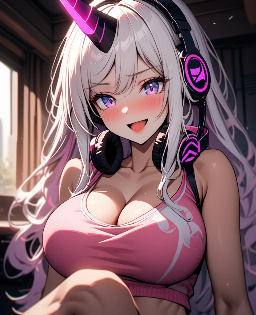 ((exceptional quality)), ((masterpiece)), (detailed), perfect face, perfect eyes, expressive eyes, long wavy white hair, white cat ears, gigantic breasts, thick thighs, red eyes, bratty, lips parted slightly, lips curled into a smirk, glossy lipgloss, bikini top with knot tied in the front, panties, fishnet stockings, headphones around neck, holding a gaming controller, subject facial features clearly visible, blank background,