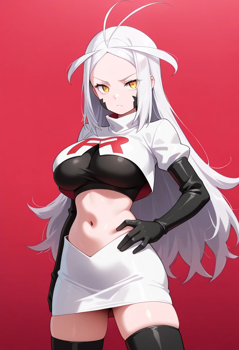1girl, white hair, long hair, red eyes, serious, glowing eyes, large breasts, thick thighs, mature female, athletic  female, toned, leotard, black leotard, thighhighs, belt, knife, knifes, pantyhose, ((belt)), black pantyhose, fur trim, fur