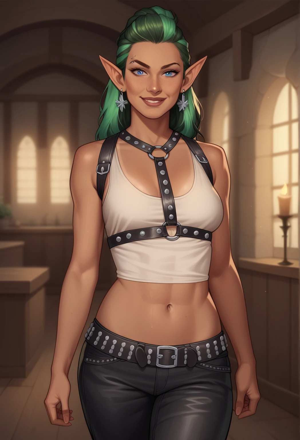 Kiera,green hair,pointy ears,green eyes,two-tone hair,standing,
cleavage,suspenders,crop top,belt,bare shoulders,bandages,pants,midriff,
fantasy,repair shop,indoors,
(insanely detailed, beautiful detailed face, masterpiece, best quality) cinematic lighting,solo,<lora:Kiera-10JD7:0.7>,