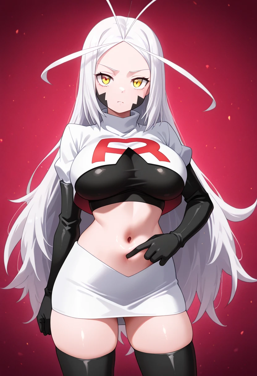 masterpiece, best quality, PrinzV4, 1girl, solo, long hair, breasts, looking at viewer, large breasts, navel, yellow eyes, white hair, red hair, multicolored hair, streaked hair, headgear, team rocket,team rocket uniform,white skirt,red letter R,crop top,black thigh-highs,black elbow gloves
