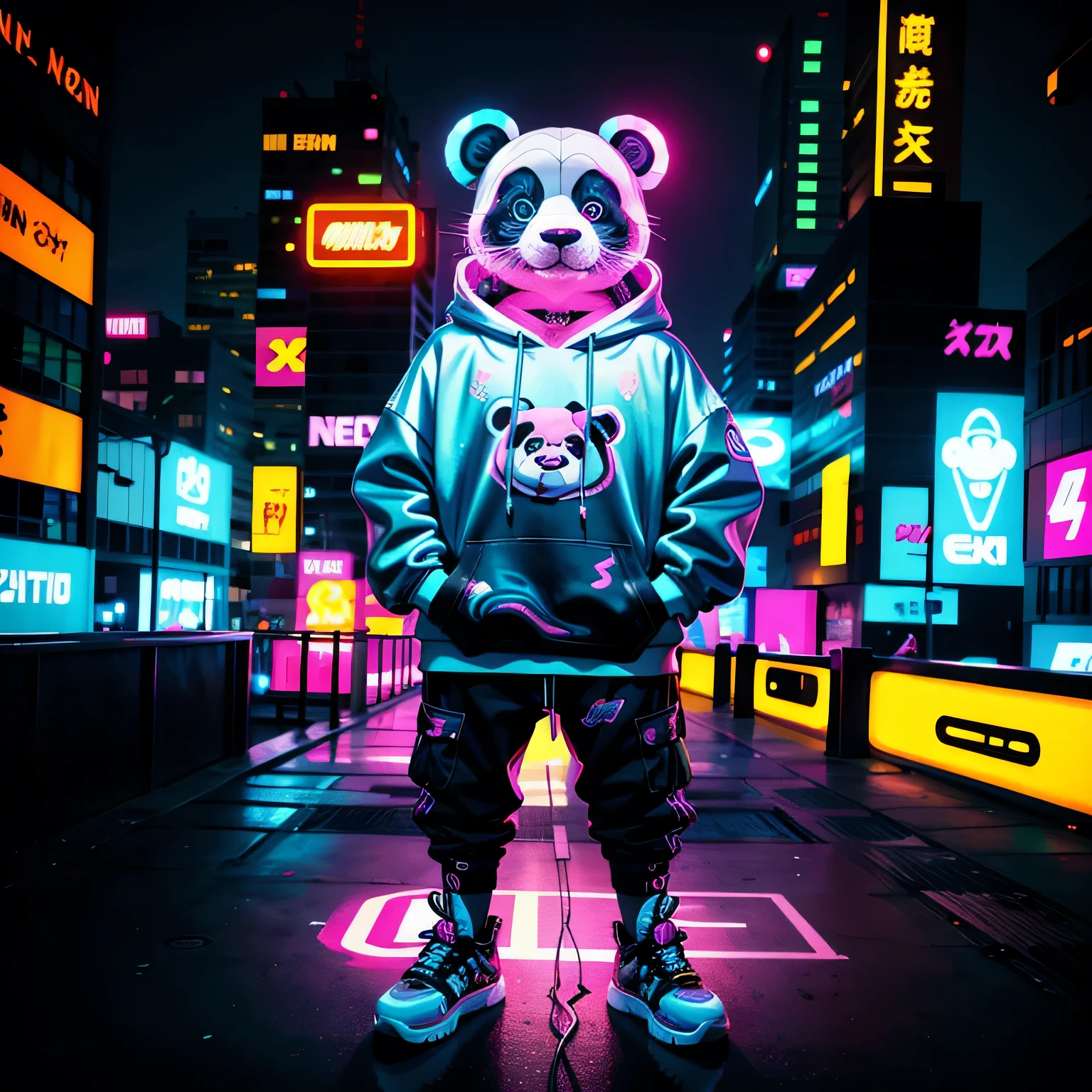 ultra-detailed cartoon panda character, neon graffiti style, streetwear hoodie, sneakers, cyberpunk city backdrop, urban lighting, bold outlines, 4k, rooftop view, vibrant neon signs