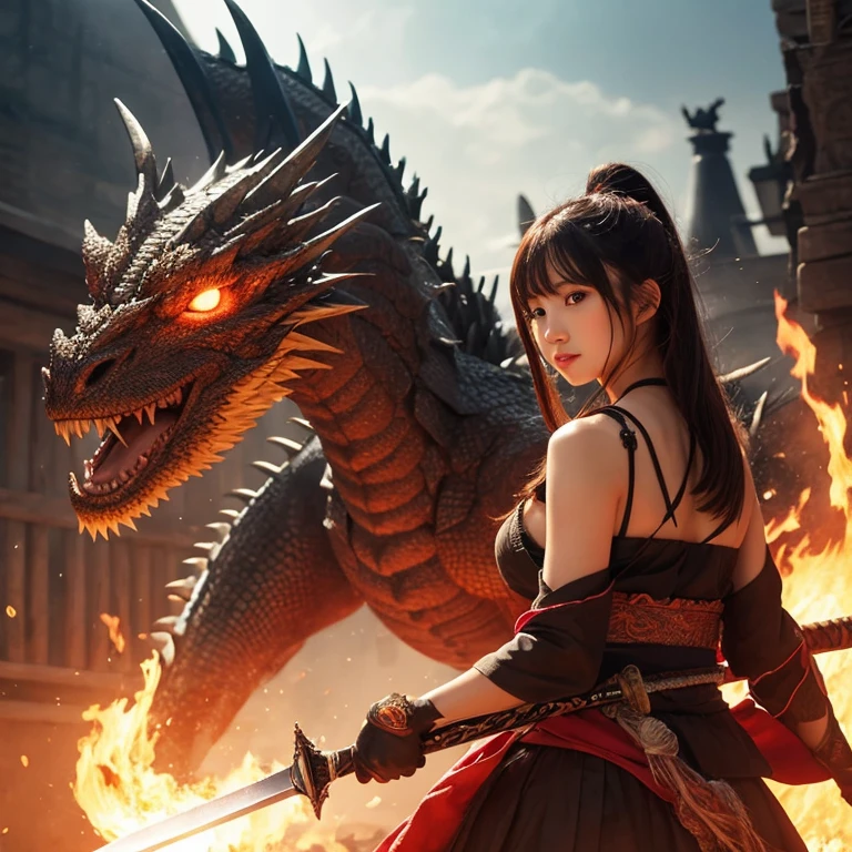 (in 8K, RAW Photos, top-quality, masterpiece:1.2), (realisitic, Photorealsitic:1.37), ultra-detailliert, high resolution,Beautiful Girl, Looking at Viewer, with Huge Monster, terrified expression,building crumbling, Burning flame, stunningly beautiful face, dynamic ungle
