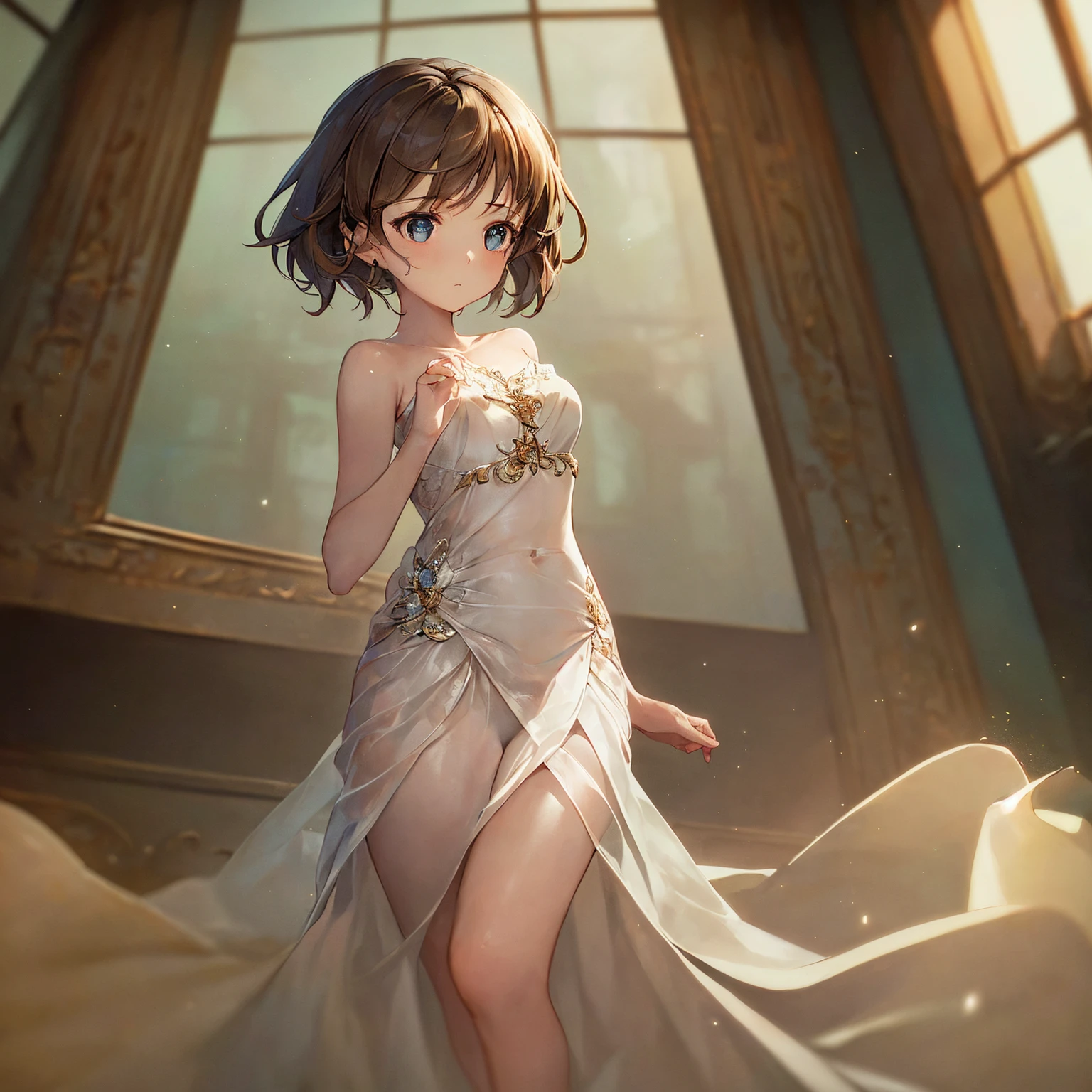 (masterpiece), best quality, Expressive eyes, Perfect face,Mature female,1 girl (Mud building,Genshin Impact),(Harem Costume,Exposing the belly),Royal bedroom background,Medium breasts,Smile,Topless,nipple,Slim body,