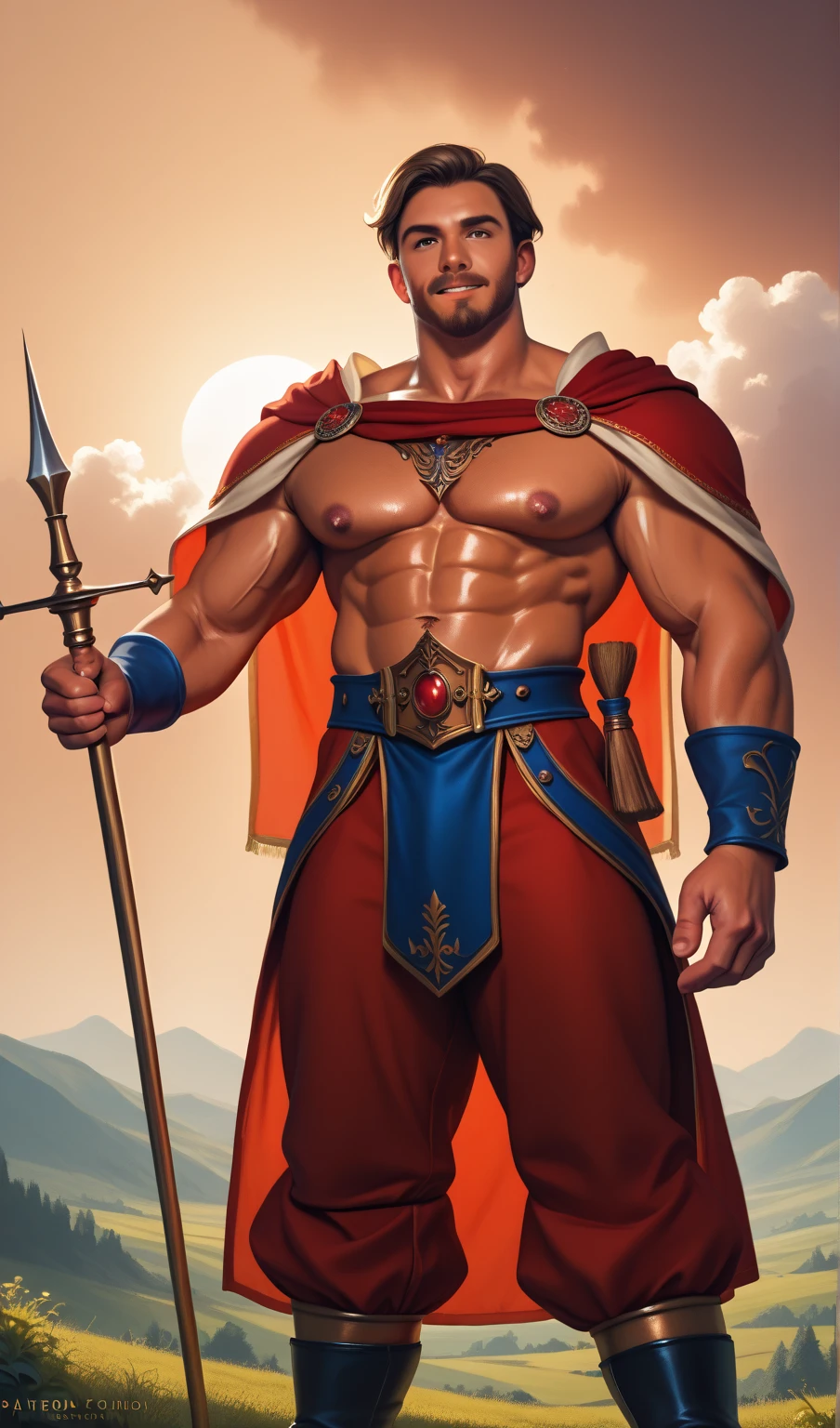 (a scottish prince,standing on a throne,wearing a crown,muscular pectorals and biceps,oil painting,realistic,highres,portrait,vivid colors,warm tones,soft lighting)