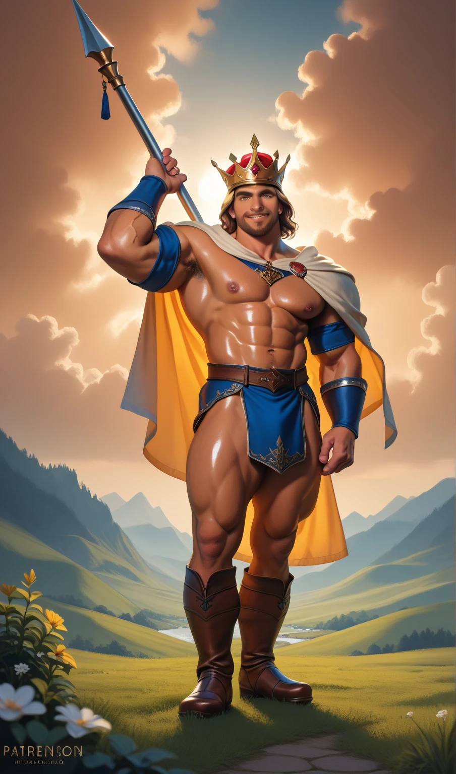 oil painting, full body, style of Peter Paul Rubens, a Male satyr gladiator, chest, abs, slim waist, hairy , ((Briefs, big bulge)), renaissance style, perfect composition, canvas texture, landscape background