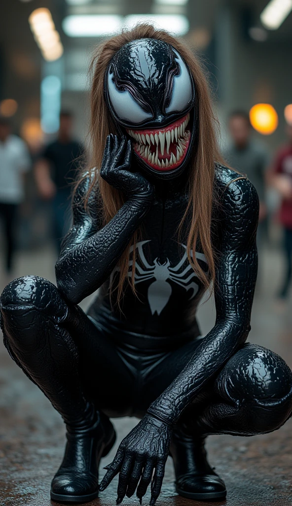 Best quality, one person, ((masterpiece)), 8k, raw, ((a hot chick young beautyful big  girl)), ((detailed face)), (there is a dark cyber city in the background), (good anatomy), detailed eyes, detailed face, (((black latex with Garter Belts Sexy ))), (((good anatomy))), (big tits), (PUSH UP TITS), (((WEARING A black VENOM mask))), (tits on focus), ((full body)), ((wearing high heels)), ((venom outfit)), (((venom))), black spiderman venom, venom absortion, (catwoman), batman, (diablo) , (((horror style))), (((blood flows on the ground))), wearing a black hood, it is photographed from above, (((she has a big venom face))), ((she looks up))