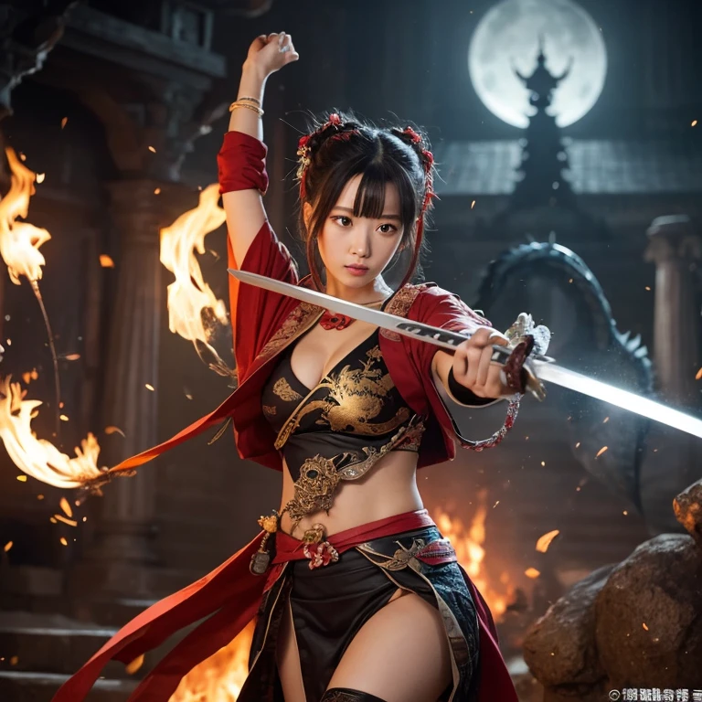 Professional , ​masterpiece、top-quality、photos realistic , depth of fields 、Dark Fantasy、（fullmoon：1.9）、（shooting stars：0.9）、（nebulas：1.3）、A dark-haired、（White bikini armor)、（Mystical expression）、（The fox has five tails）（（Fight dragons））,(Wear a beautiful kimono),（Wear a beautiful kimono with colorful floral patterns）、Jewel Gold Weapon、Particles of light),（Has a devil's mask）、Gorgeous gold weapons ,（（ Gorgeous Dragon Sword）） , （Fox Mask）,,（maikurobikini） 、（（Black Haired Beautiful Girl））、（Castle background）、（demonic wings）、（（Gangle's forest background））、Beautiful Caucasian beauty、１a person、dynamic ungle,(((Two devil's horns on the head)))、Smaller head、Idle Smile、Thin and beautiful female hands、Mystical expression、Light Effects、intense fighting、Wind-effect、magic circles、With the legendary magic wand、Dragon's tail、