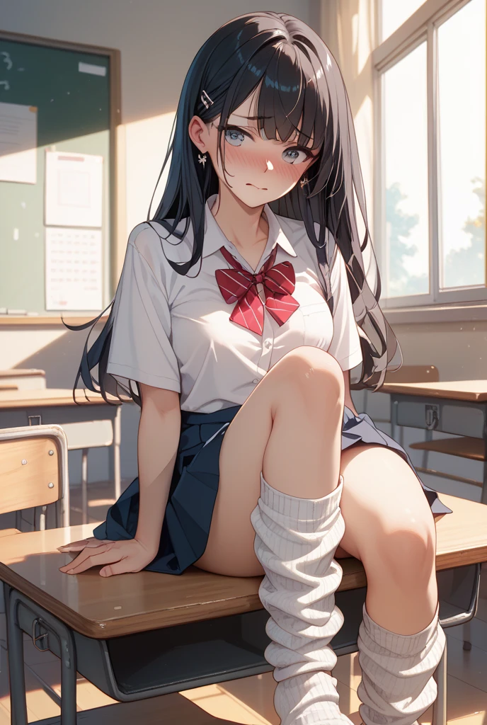 (8k、Best image quality、highest quality、masterpiece)、Detailed face、One girl、Black Hair、Long Hair、twintails、Grey Eyes、smile、Moderate breasts、((serafuku))、Short sleeve、((miniskirt))、black socks、Loafers、sitting、knees up、Shoot from below、Gym storeroom