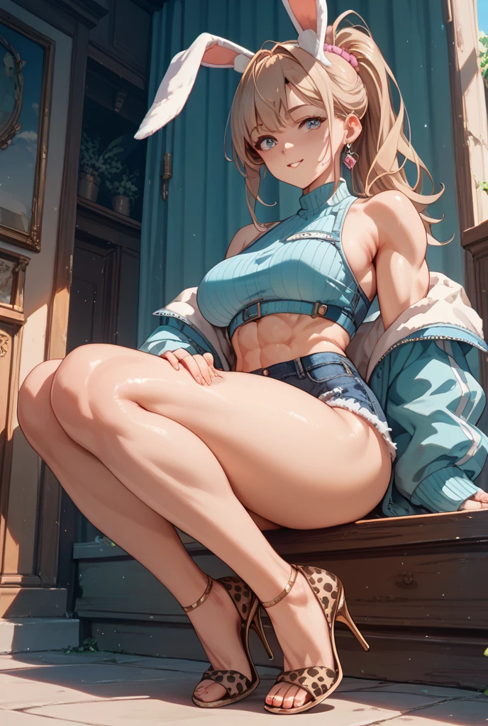 score_9, score_8_up, score_7_up, source_anime BREAK 1girl, solo, simple background, white background, <lora:nikke-style-poses-richy-v1_pdxl:1> nikkecrouching, full body, [kneeling/squatting/one knee] light brown hair, (Blue eyes), <lora:n15g_aio_hairstyles-1.0:0.8> mega ponytail, <lora:Bandeau-fC-V1:1> bandeau, high-waisted cotton shorts, emphasizing the waist, layered beaded necklace, solo, large breasts, huge tits,