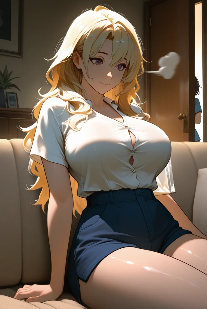 Minecraft Enderman Girl　Golden silky straight hair　Wearing a shirt and skirt　The cleavage is visible　beautiful　tall　Tall slender　Minecraft World　Sitting on the bed　Dark blonde　Black painted room　
