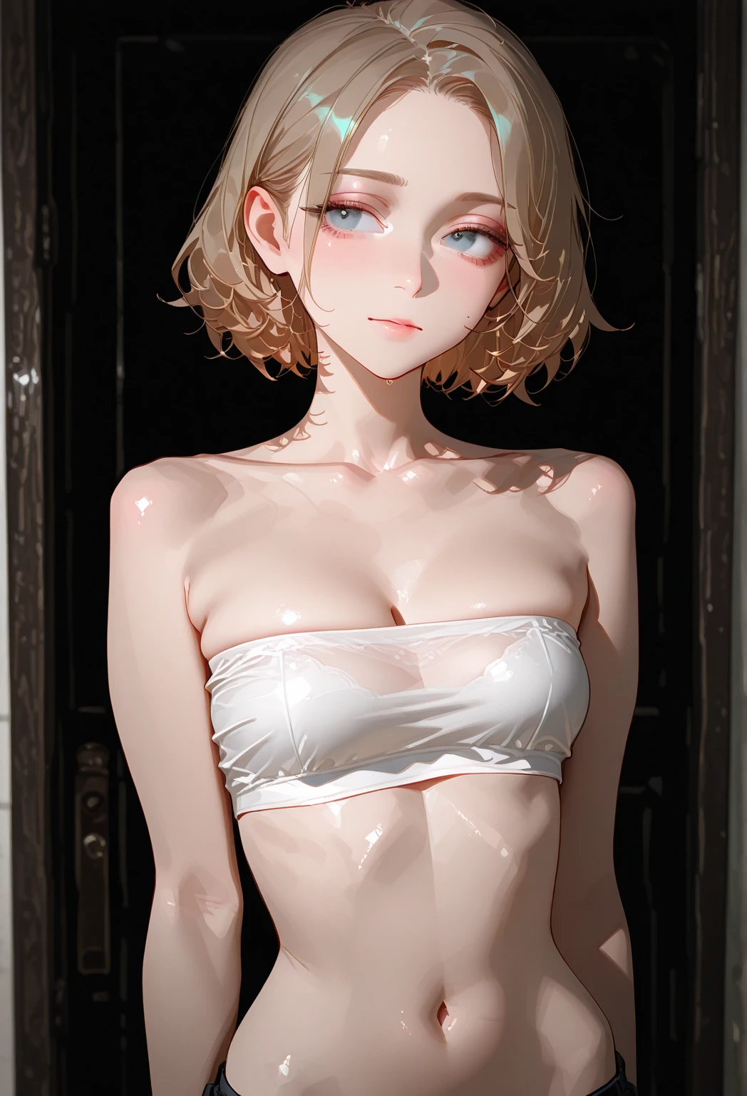 Super beautiful eyes、innocent face, (((realisitic)))a picture, masterpiece, top-quality, 1girl in, a slender waist, top-quality, pale-skinned, Black background, (Face and eye details:1.1), Unique, red blush, ((full of shyness)), extremely delicate and beautiful girl, dynamicposes, (to8contrast style), torch clothes, naked body, nude, full naked, showing, beatiful tits, hard nipples, magazine cover, blonde hair, no black and white, wet body, seductive smile, innocent face, at public place, small breast