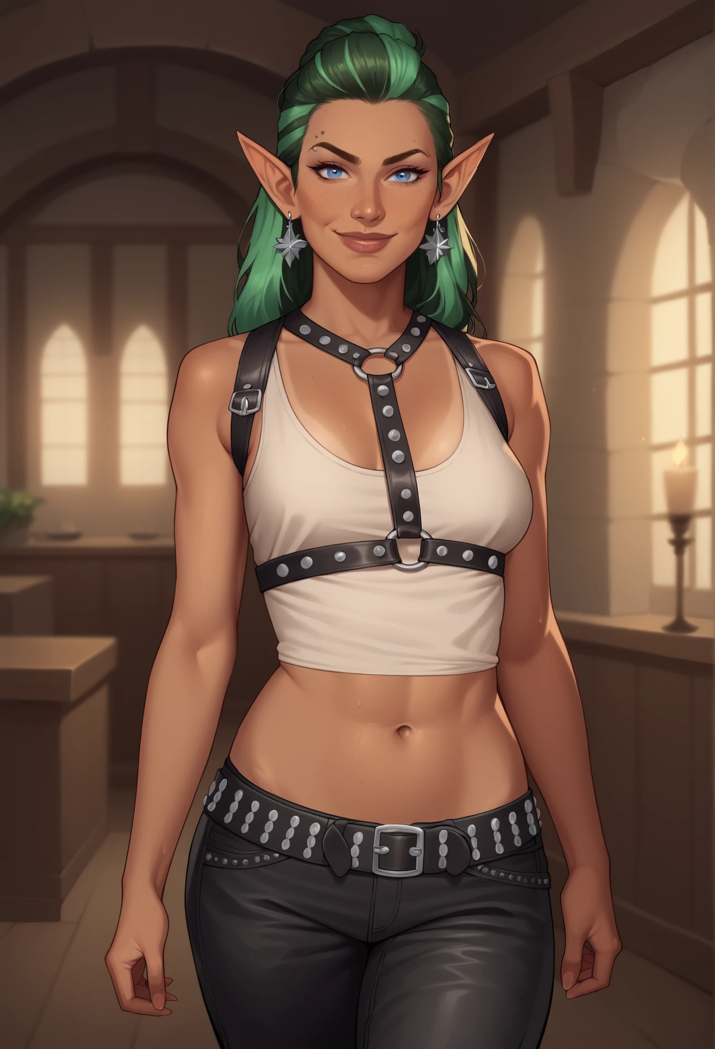 (((beautiful, high quality, comics style, detailed face))), score_9, score_8_up, score_7_up, masterpiece, best quality, unrealistically high details, extremely high quality, ultra-high detail, good anatomy, rating_explicit, perfect anatomy, anatomically correct hands:1.5, blurred background, detailxl, DeepNegative_xl_v1, zPDXL3, Score_PnyReal, deep_negative_pony, cowboy shot:1.5 BREAK solo, 1woman, female, elf, pointed ears, tan skin, brown skin, green hair, ombre hair, earrings, punk clothing, blue eyes, smirking, smile, studded leather harness, loose tanktop, baggy clothing, hide pants thick abs, (face near viewer) BREAK (expressive face, expressive body, expressive emotions, dynamic pose, intense gaze, lively eyes, detailed facial expression, engaging presence:0.5).