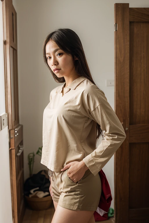 a shot of a beautiful sexy 28 year old asian woman, Dark brown hair, straight hair, clear skin, made up, Brown eyes, big tits, with casual blouse and casual skirt, at home, natural lighting and shadows, hyperrealistic, detailed.