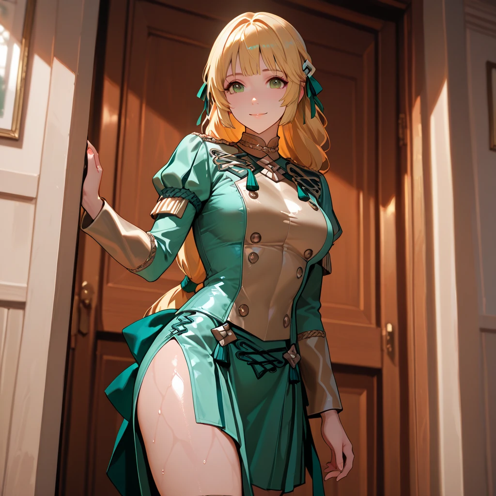 a tall female of curvaceous and well-endowed frame. She has olive skin, aqua green eyes, thick eyelashes, and short golden blonde hair; which she usually keeps messy with three braided locks. She wears a jacket with a high collar, which covers the lower part of her face downward, while baring a good portion of the lower half of her large breasts. The jacket has a zipper running along its entire length, which is opened from the bottom upwards. It has a beige air filter on either side just below the trim. The jacket's sleeves completely envelop her arms, terminating in black glove-like extensions at her extremities, resembling the appearance of a cat's paw. 