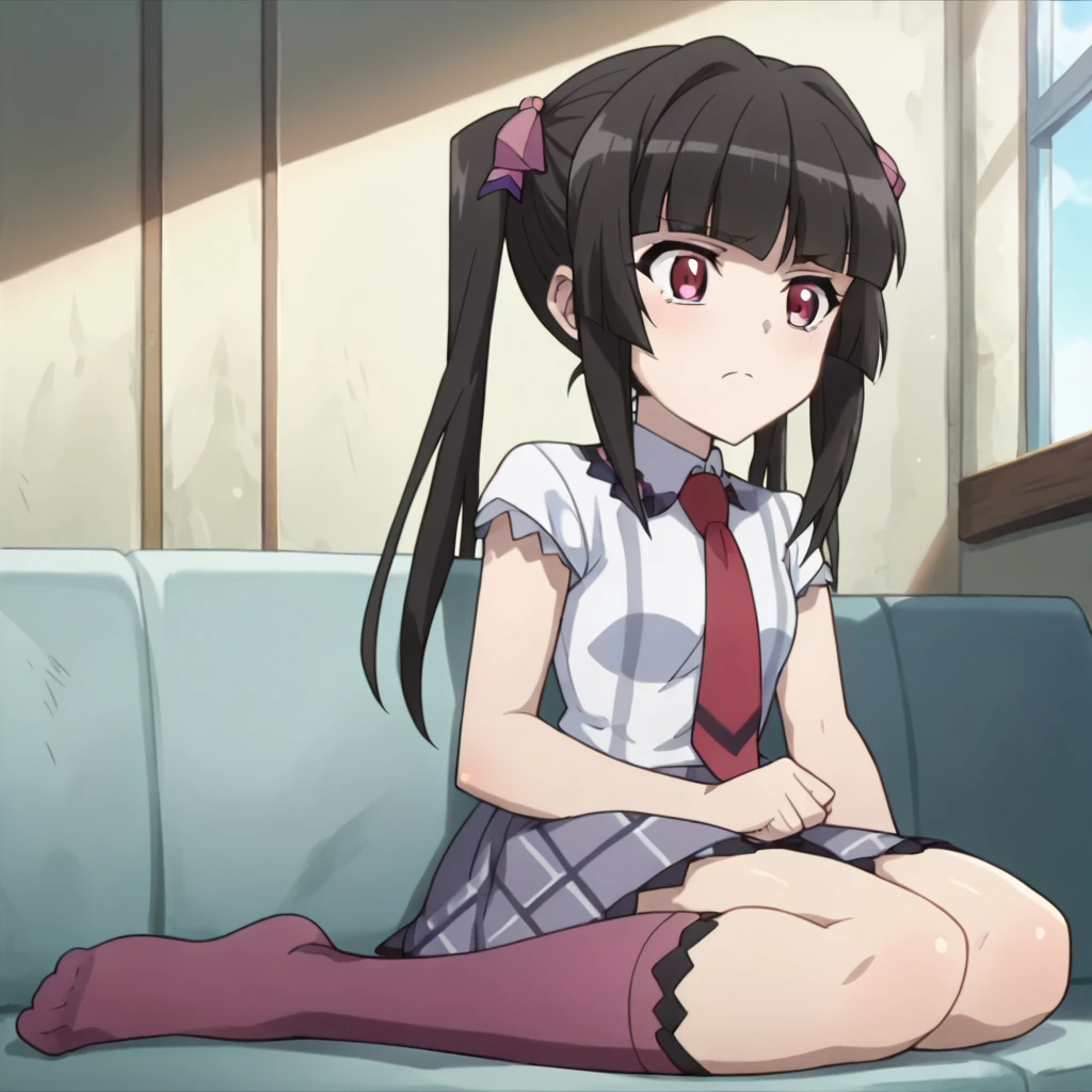 (Masterpiece:1.2), (high quality), (pixiv:1.4), (anime:1.4), panties, loose socks, black hair, buttocks, solo, blazer type, loose socks, brown eyes, pure gaze, miniskirt, plain skirt, blush,((medium breasts)), (heart-shaped pupils),(side ponytail), (a lot of sweat), Long hair, Physical education sitting, beauty legs, ((school emergency stairs))