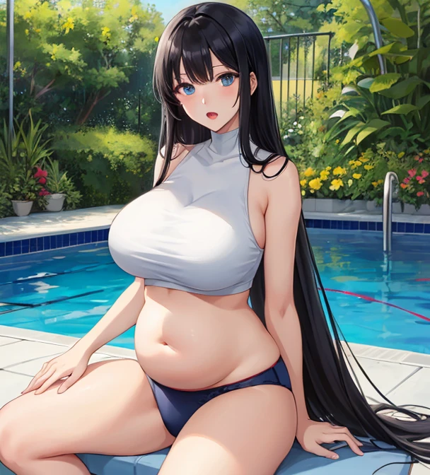 A plump girl with very big breasts is playing in the river with her nipples exposed. Nipples are erect