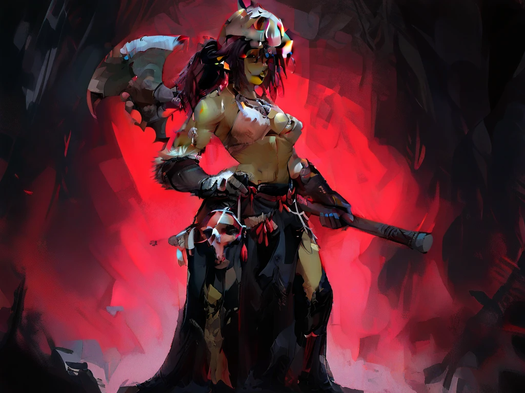 tiefling d&d, cabelo preto, red skin and horns back, bruxo