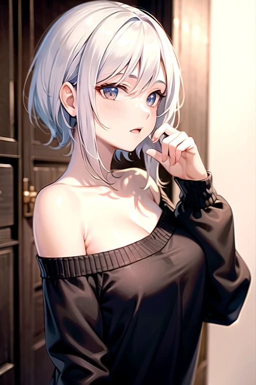 (High quality, High resolution, Fine details), BREAK (Black off-shoulder sweater), solo, curvy women, BREAK white hair, sparkling eyes, (Detailed eyes:1.2), smile, blush, Sweat, Oily skin, shallow depth of field