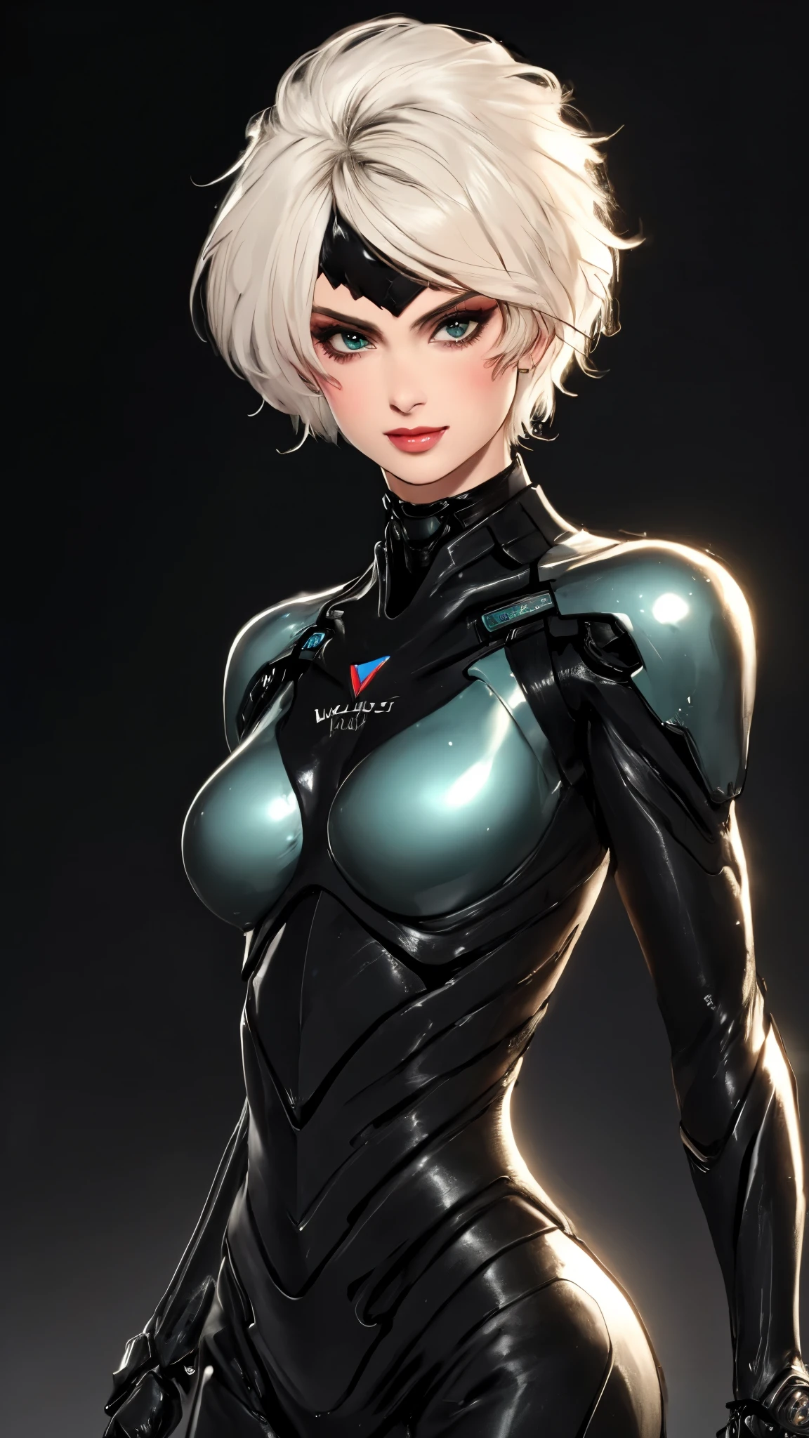 masterpiece, best quality, a beautiful woman with long shiny hair, choppy bangs, delicate face, passionate gaze, perfect smille, blush, seductive expression, tall and fit figure, perfect body, perfect skin, seductive pose, sexy Futuristic Technological Nanogel Clothing, the color scheme is primarily White with Green accents, this character embodies a finely crafted sexy beauty, exquisite and mature art style, mikoyan, anime aesthetic, simple shading, cell shading, goddess, feminine, exquisite photography, depth of field, bokeh, photorealistic, even and soft lighting on face, dramatic, high definition, highres, ultra detailed, professional photo, perfect body proportions, anatomically correct, symmetrical face, extremely detailed eyes and face, perfect eyes, high quality eyes, creativity, RAW photo, UHD, 32k, portrait lighting, cinematic lighting, (masterpiece-anatomy-perfect:1.2)
