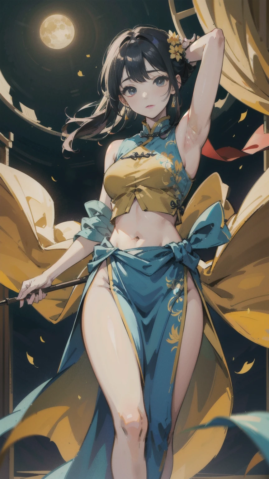 Official Art, Unified 8K Wallpapers, Ultra Detailed, Beautiful and Aesthetic, Masterpiece, Best Quality, (Zentangle, Tangle, Entangle), (fractal art: 1.4), 1girl, black hair, Chinese, off-the-shoulders, short skirt, calves, navel, long-sleeved clothes without showing hands, very detailed, dynamic angle, cowboyshot, (most beautiful form of chaos), ethereal, (bright colors), OC, (half: 1.2), Chinese, (thangka Feitian: 1.5), (ribbon: 1.3), (dream: 1.5), (Hanfu: 1.5), (smile: 0.5), (Chinese deity),