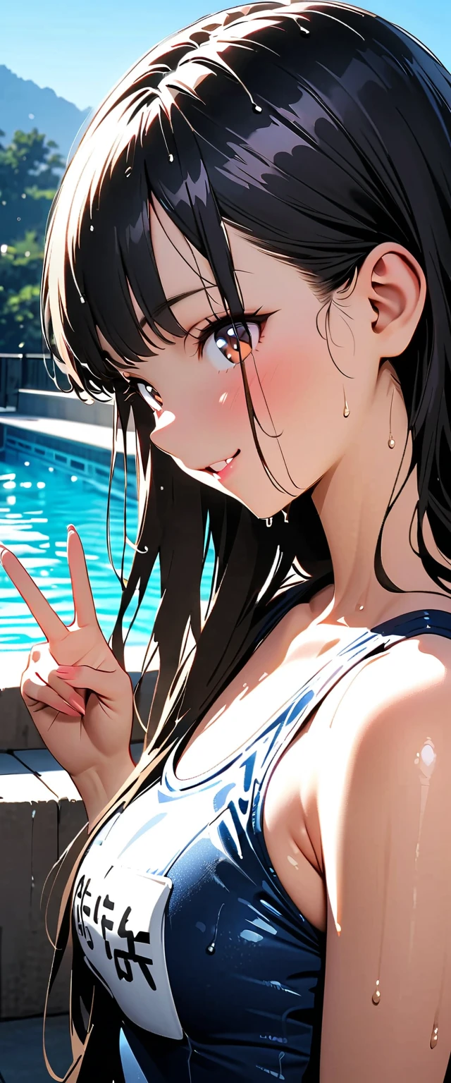 4K large breasts, fair skin, pool, facing front, full body shot, standing, beaming smile, shy expression, peace sign, mouth open with tongue sticking out, eyes looking up only, black long hair, glasses, school swimsuit, lying on back