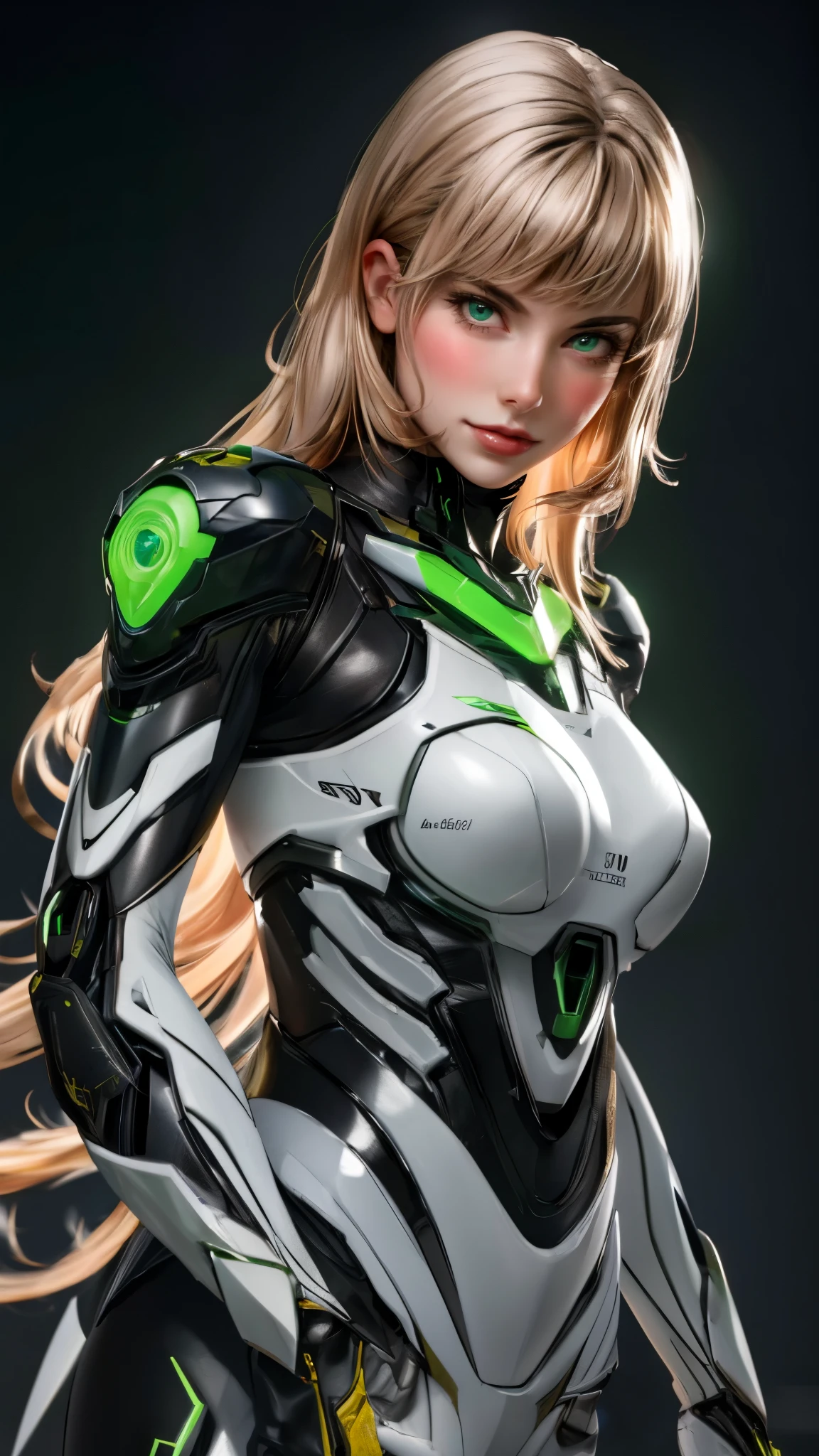 masterpiece, best quality, a beautiful woman with long shiny hair, choppy bangs, delicate face, passionate gaze, perfect smille, blush, seductive expression, tall and fit figure, perfect body, perfect skin, seductive pose, sexy Futuristic Technological Nanogel Clothing, the color scheme is primarily White with Green accents, this character embodies a finely crafted sexy beauty, exquisite and mature art style, mikoyan, anime aesthetic, simple shading, cell shading, goddess, feminine, exquisite photography, depth of field, bokeh, photorealistic, even and soft lighting on face, dramatic, high definition, highres, ultra detailed, professional photo, perfect body proportions, anatomically correct, symmetrical face, extremely detailed eyes and face, perfect eyes, high quality eyes, creativity, RAW photo, UHD, 32k, portrait lighting, cinematic lighting, (masterpiece-anatomy-perfect:1.2)