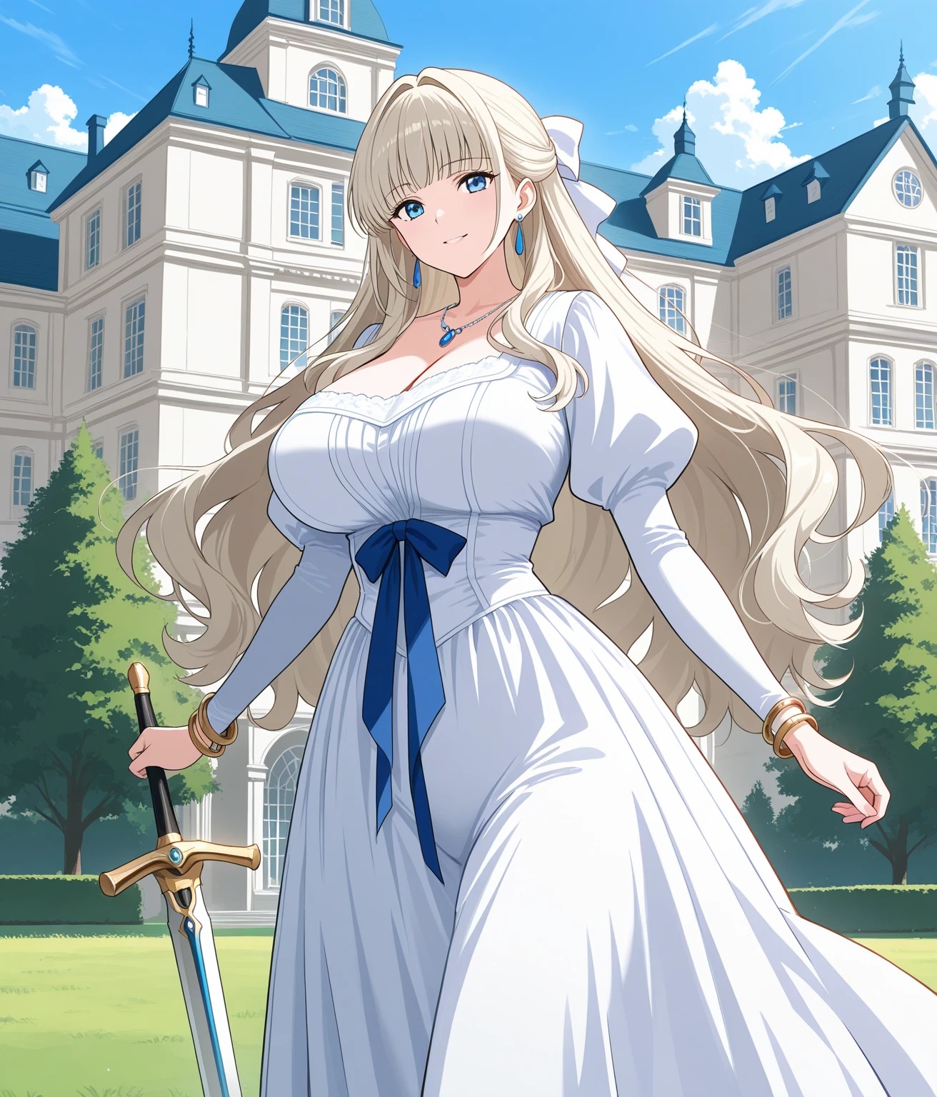 A woman wearing a long silver maiden's dress with gold details, long silver hair, red eyes, big breasts, walking in a luxury medieval garden, background medieval castle, daytime place, smiling, full body, surrealism, drop shadow, anaglyph, stereogram, tachi-e, pov, atmospheric perspective, depth of field, cinematic lighting, hyperrealism, 8k, super detail, precise, best quality, textured skin, high resolution, best quality, 8k, high details, UHD, bokeh effect. ( solo woman)