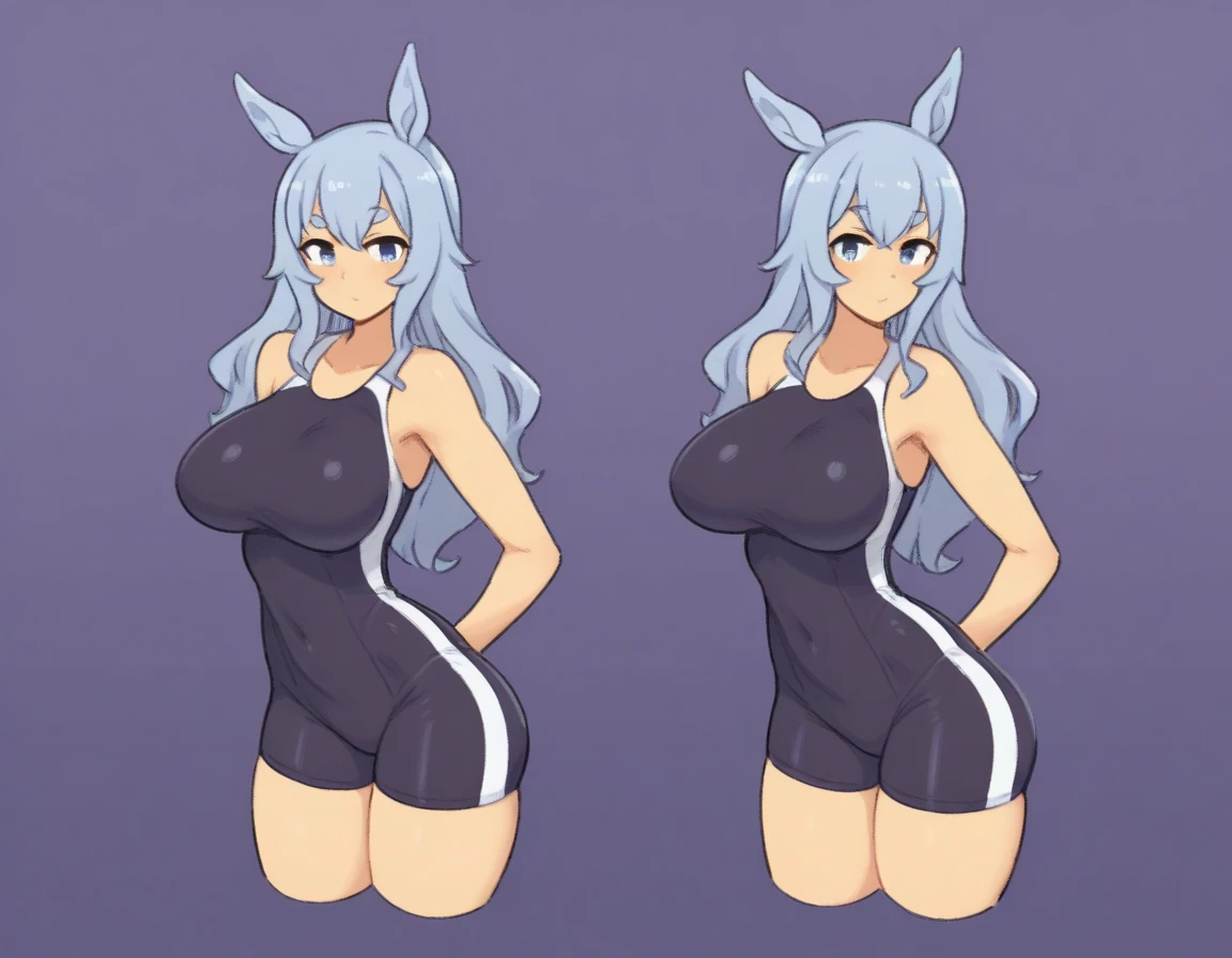 1 person, solo, breasts, looking at viewer, short hair, large breasts, red eyes, navel, animal ears, tail, swimsuit, black swimsuit, white hair, thighs, cat ears, dark brown skin, dark brown skinned woman, cat tail, zoom layer, sexy swimsuit, sensitive swimsuit, obscene swimsuit, obscenely designed swimsuit, sexy swimsuit, risqué swimsuit, erotic swimsuit, exposes navel, very little swimsuit fabric, no underwear except for ultra-thin V front micro plunge, ((only ultra-thin V front micro plunge)), ((only black ultra-thin V front micro plunge))