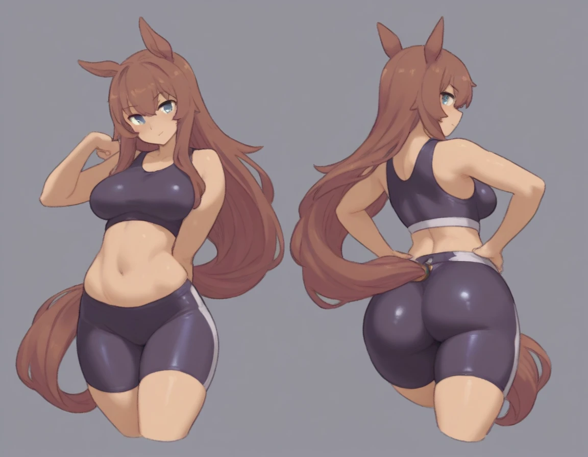 mature, mature face, nose, fox pointy fluff animal ears, pink hair, large breasts, large ass, blue eyes, masterpiece, best quality, painted by greg rutkowski makoto shinkai takashi takeuchi studio ghibli,
standing, wide hips, cameltoe, from behind, back, high heels, standing on one leg, tight short pants,
sports bra,