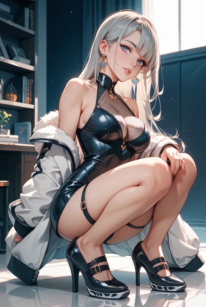 ((Highest quality)), ((masterpiece)), ((detailed)), this is a sexy girl with catsuit costume stands on a red table, 1girl, 独奏, breasts, thighhighs, navel, small breasts, high heels, long hair, tongue, zipper, leotard
