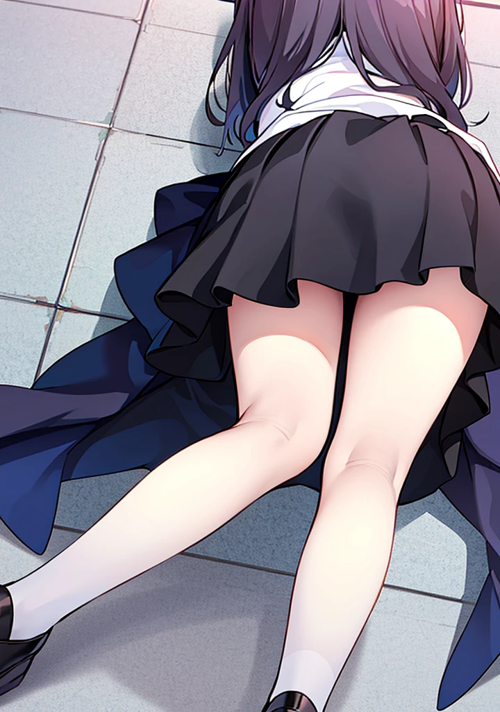 (ultra-highdetail, 8k quality, best quality, extremely detailed illustration,intense shadows,), (shiodome miuna, black hair, short hair, sidelocks, short hair with long locks, twintails, aqua eyes, short stature, small breast, solo), 2 views, ass focus, from front, 2 views, all fours, cameltoe, wet , sleevless, very short skirt, wet white panties, no bra, show off nipple, nipple, gleaming skin, embarrassed, open mouth,five fingers,