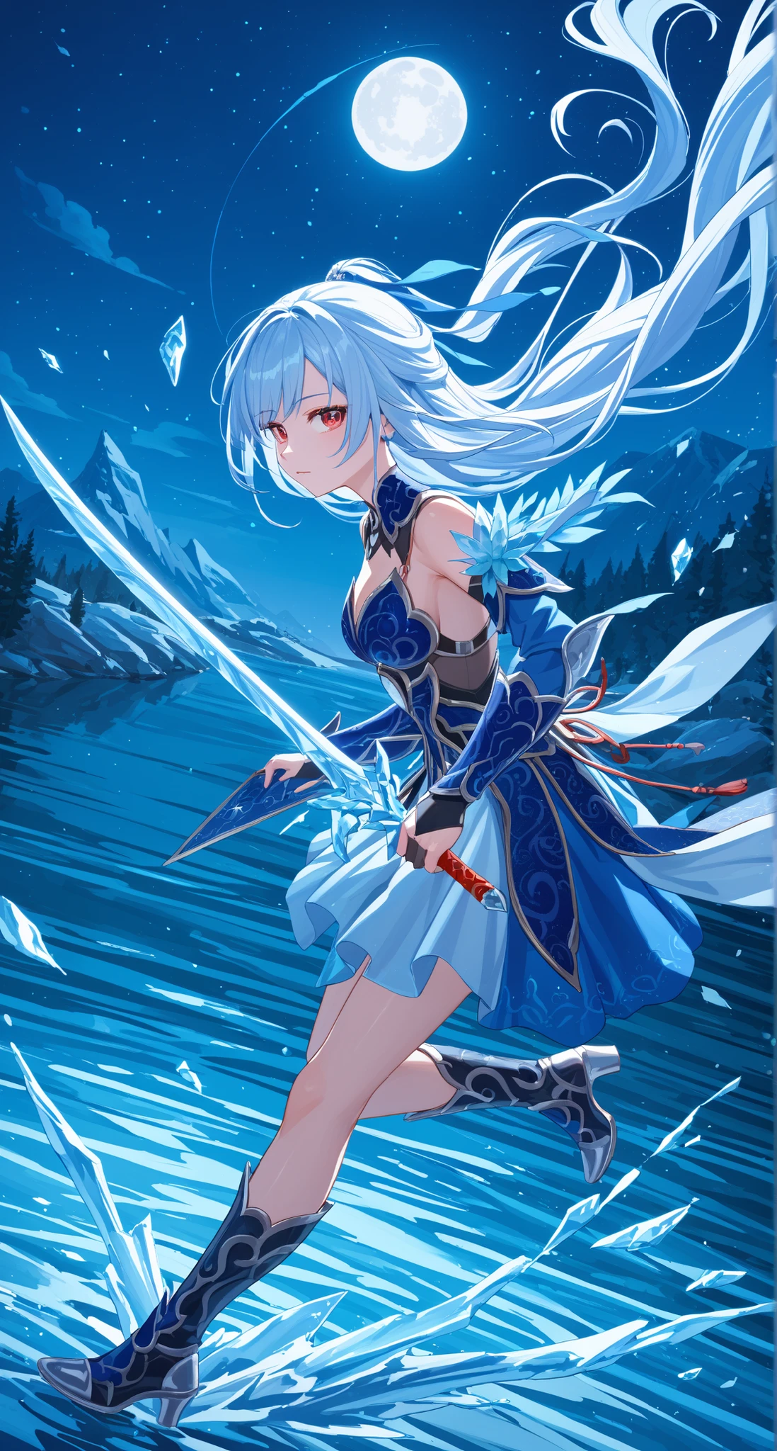 nsfw,Jingliu,glass cover,side shot,alternate color,masterpiece,detailed illustration,lifelike,{{{1Jingliu}}},shiny beautiful woman,cinematic lighting,dynamic angle,dynamic pose,depth of field,looking at viewer,1girl,jgsd,red eyes,blue armored dress,white skirt,tassels,hair ribbon,black gloves,blue sleeves,armored boots,light blue skirt,frozen lake,night,full moon,fighting,ice large sword,expressionless,jumping,floating in the air,leaning forward