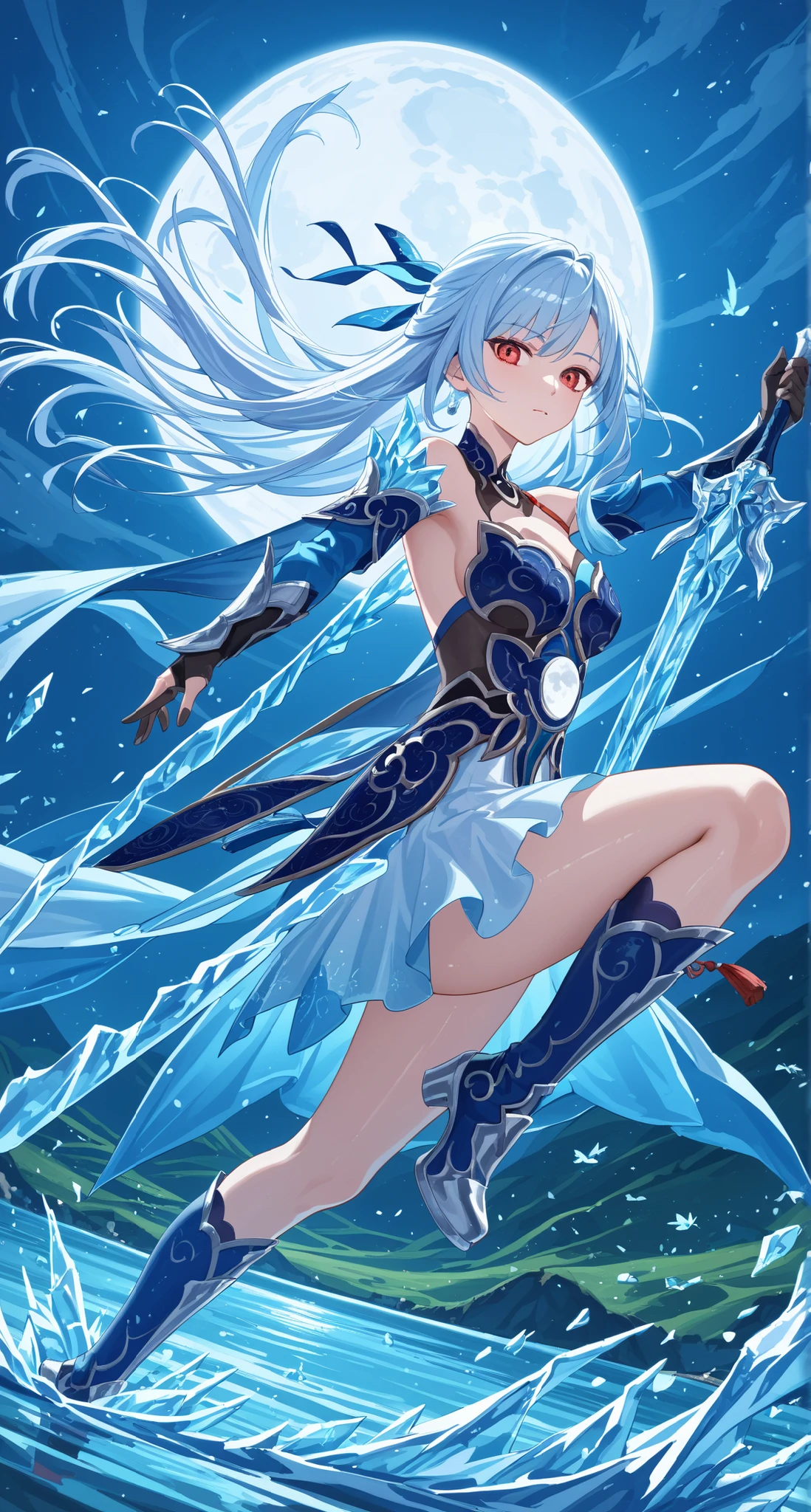nsfw,Jingliu,glass cover,side shot,alternate color,masterpiece,detailed illustration,lifelike,{{{1Jingliu}}},shiny beautiful woman,cinematic lighting,dynamic angle,dynamic pose,depth of field,looking at viewer,1girl,jgsd,red eyes,blue armored dress,white skirt,tassels,hair ribbon,black gloves,blue sleeves,armored boots,light blue skirt,frozen lake,night,full moon,fighting,ice large sword,expressionless,jumping,floating in the air,leaning forward