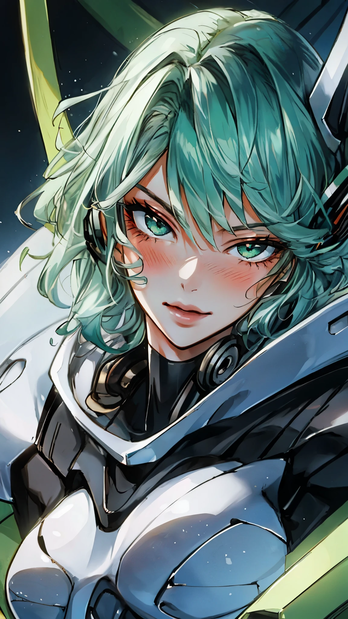 masterpiece, best quality, a beautiful woman with long shiny hair, choppy bangs, delicate face, passionate gaze, perfect smille, blush, seductive expression, tall and fit figure, perfect body, perfect skin, seductive pose, sexy Futuristic Technological Nanogel Clothing, the color scheme is primarily White with Green accents, this character embodies a finely crafted sexy beauty, exquisite and mature art style, mikoyan, anime aesthetic, simple shading, cell shading, goddess, feminine, exquisite photography, depth of field, bokeh, photorealistic, even and soft lighting on face, dramatic, high definition, highres, ultra detailed, professional photo, perfect body proportions, anatomically correct, symmetrical face, extremely detailed eyes and face, perfect eyes, high quality eyes, creativity, RAW photo, UHD, 32k, portrait lighting, cinematic lighting, (masterpiece-anatomy-perfect:1.2)