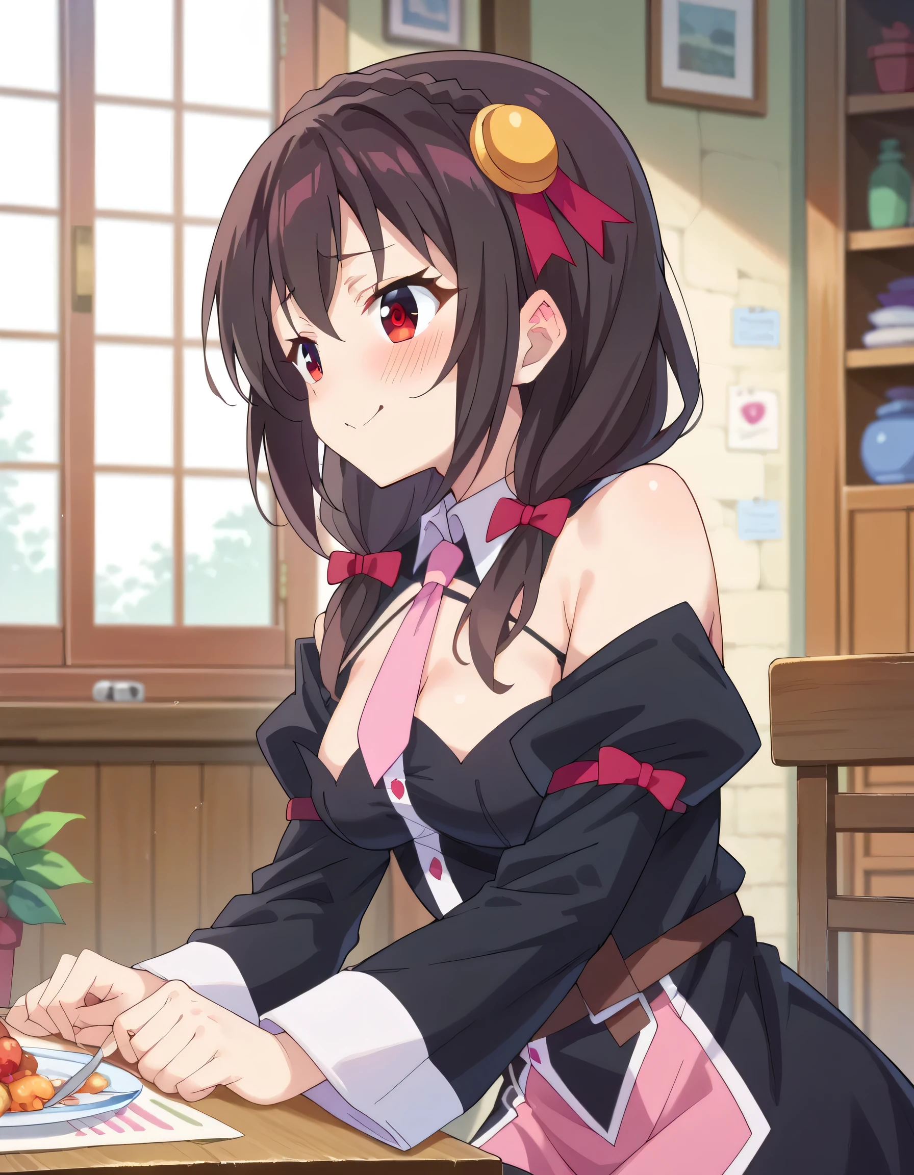 alone, One girl, Yunyun, (A shy smile:1.3)、(blush:1.3)、 View your viewers, Crown braids of the same color as your hair, Red Eyes、hair ornaments, Hair Ribbon, Pink tie, Long sleeve, Cleavage, Leaning forward、(The upper body is visible:1.2)、(View from below:1.4)、(The viewer is resting his head on her lap.:1.2)