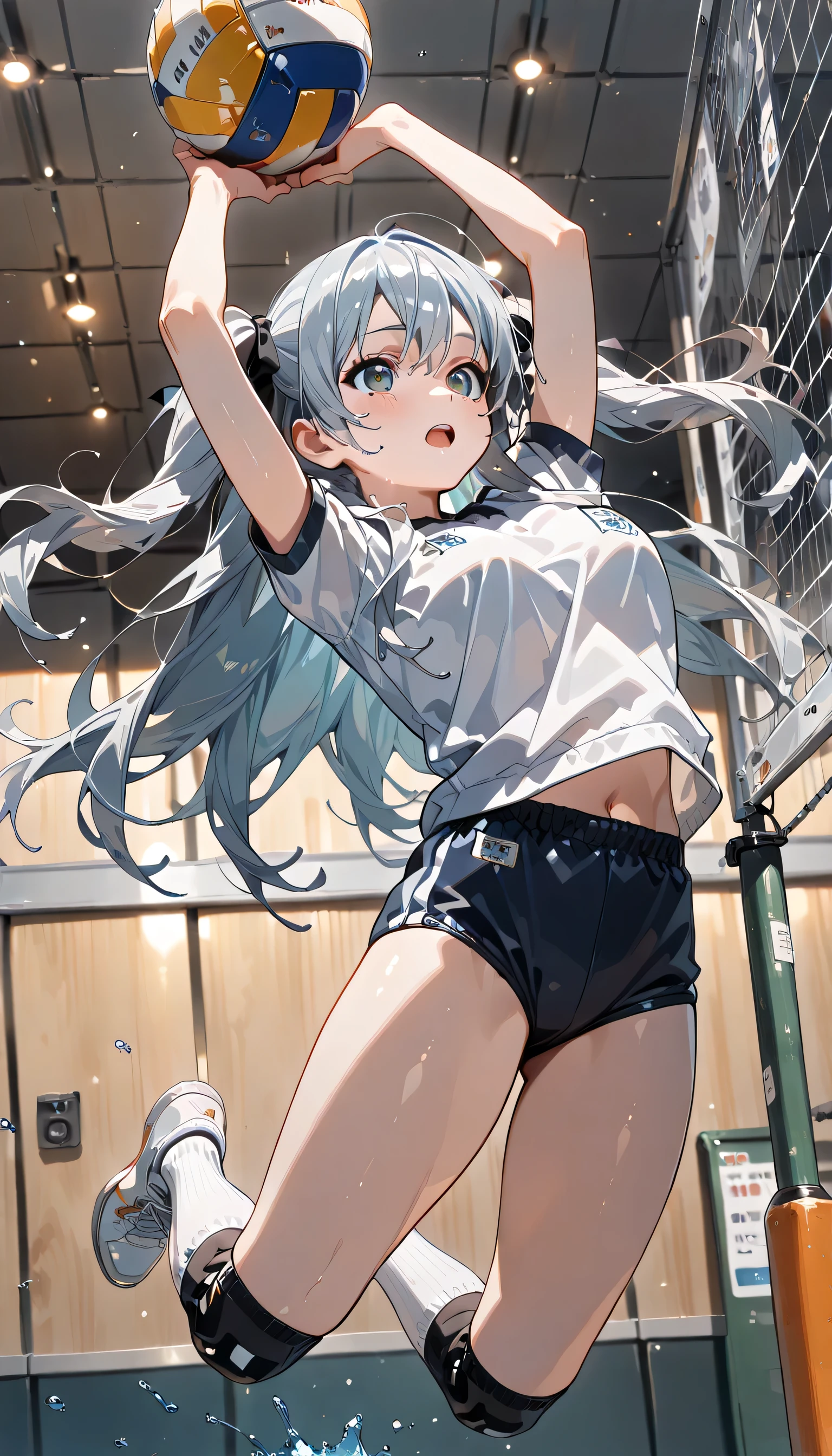 ((ultra-detailed)), (highly detailed CG illustration), (best quality:1.2), ultra-highly detailed, colorful composition, artistic photoshoot, 1girl, solo focus, thigh to top, cowboy shot, moe anime character, girl, dainty facial structure, baby face, round face, rounded chin:1.2, ideal ratio body proportions, lora:volleyball-spike-ponyxl-lora-nochekaiser:1, celia-default, celia claire, blue eyes, sparkle eyes, long silver hair:1.2, two side up, hair ribbon with blue, ample breasts, blue school gym buruma, serious:1.2, blush:1.3, (Volleyball spikes:1.4), balls, (jumping:1.6), junp high:1.3, floating:1.4, object, volleyball, volleyball net, raise your arms:1.3, look up, from behind:1.3, dynamic pose:1.6, contrapposto pose, flowing hair:1.2, best quality, expecting, pink cheek, blush, light pink gloss slip, portrait, depth of field, soft lighting, sidelighting, shine, lighting, caustics, ray tracing, perfect face, lustrous skin, highly detailed face, highly detailed eyes, perfect face, perfect nose, perfect hair, perfect eyes, perfect anatomy, beautiful hair, beautiful small face, extremely detailed face, beautiful detailed eyes, beautiful clavicle, beautiful body, beautiful huge breasts, leavage, breasts squeezed together, equalize the size of the left and right breasts, beautiful thin thighs, beautiful legs, beautiful fingers, 4 fingers, 1 thumb, lovely, (very detailed background:1.0), (highly detailed background:1.0), summer aesthetic, intricate details, shy atmosphere, summer colors palette, chromatic aberration