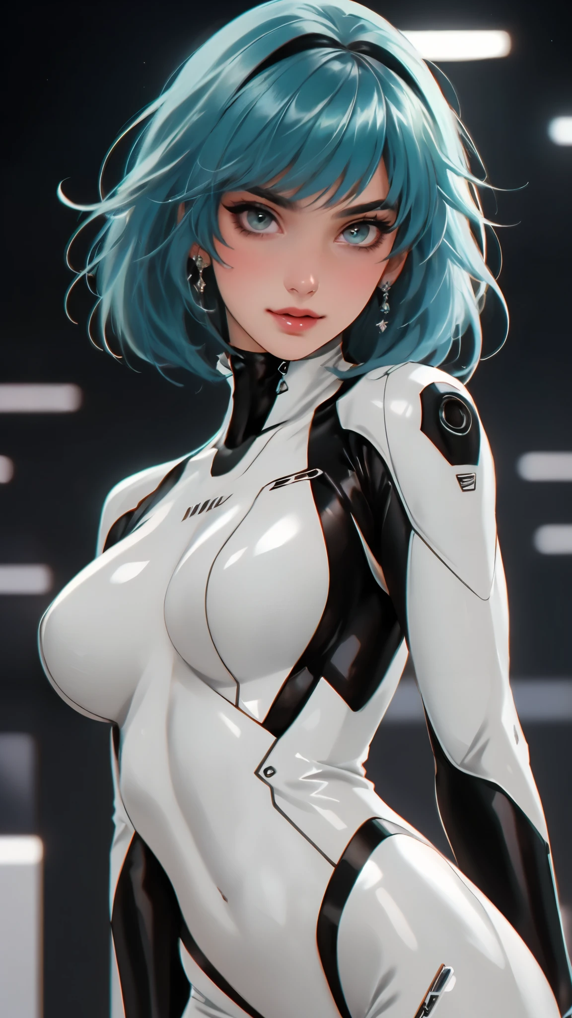 masterpiece, best quality, a beautiful woman with long shiny hair, choppy bangs, delicate face, passionate gaze, perfect smille, blush, seductive expression, tall and fit figure, perfect body, perfect skin, seductive pose, sexy Futuristic Technological Nanogel Clothing, the color scheme is primarily White with Green accents, this character embodies a finely crafted sexy beauty, exquisite and mature art style, mikoyan, anime aesthetic, simple shading, cell shading, goddess, feminine, exquisite photography, depth of field, bokeh, photorealistic, even and soft lighting on face, dramatic, high definition, highres, ultra detailed, professional photo, perfect body proportions, anatomically correct, symmetrical face, extremely detailed eyes and face, perfect eyes, high quality eyes, creativity, RAW photo, UHD, 32k, portrait lighting, cinematic lighting, (masterpiece-anatomy-perfect:1.2)