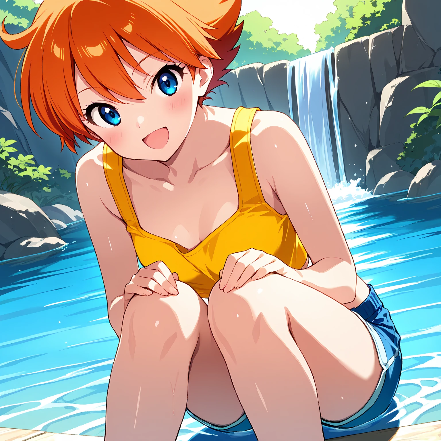 (best quality,4k,highres,masterpiece:1.2),ultra-detailed,(realistic,photorealistic,photo-realistic:1.37),HDR,UHD,studio lighting,extreme detail description,professional
A woman lying in a stream, detailed face and body,full body, misty, 1girl, breasts, looking_at_viewer, short_hair, closed_mouth, bangs, navel, hair_between_eyes, bare_shoulders, sitting, green_eyes, full_body, lying, sleeveless, midriff, orange_hair, side_ponytail, crop_top, looking_to_the_side, eyelashes, bare_legs, sleeveless_shirt, leaning_forward, arm_support, suspenders, tank_top, denim_shorts, yellow_shirt, hair_tie, green_shorts, suspender_shorts, yellow_tank_top, down blouse, body shape, small breast, chubby thighs, thick thighs, open mouth,beautiful eyes, her body completely soaked wet, her expression reflecting pain and sadness, she tries to cover her intimate parts