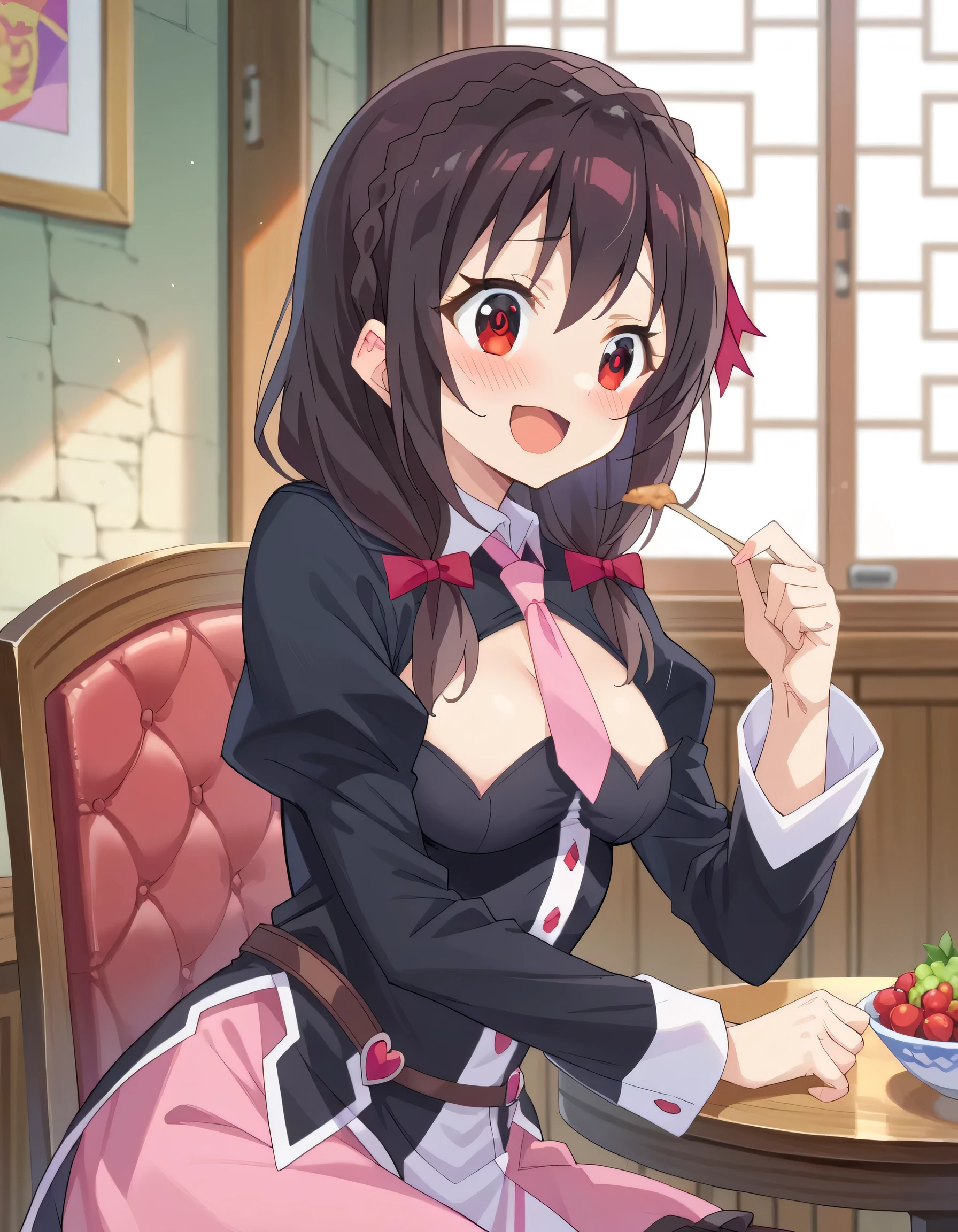 alone, One girl, Yunyun, (Grinning expression:1.5)、(blush:1.3)、 Mouth open、View your viewers, Crown braids of the same color as your hair, Red Eyes、hair ornaments, Hair Ribbon, Pink tie, Long sleeve, Pink Skirt, Knee socks, Cleavage, Sitting on a sofa in a cafe、Pancakes on the table