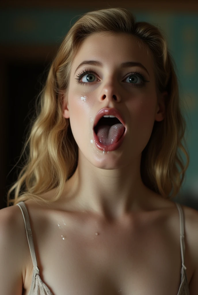Margot Robbie, 1girl, (sticking out her tongue out), (tongue), ultra high res, photorealistic, best quality, 8k resolution, masterpiece, ((maid)), tank top, ((close up face view)), (ahegao), kneeling, oh face, Open your mouth wide, Stick out your tongue to receive, One hand in your mouth, Ecstasy, (White liquid on your face), Face up, Shoot from above, (White liquid dripping from your mouth), Tongue sticking out, (White liquid accumulation on the tongue), ecstatic look, a large amount of in the mouth, on the chest, delicate fingertips, complicated fingertips, nsfw, eyes roll back, eyes up, zero two
