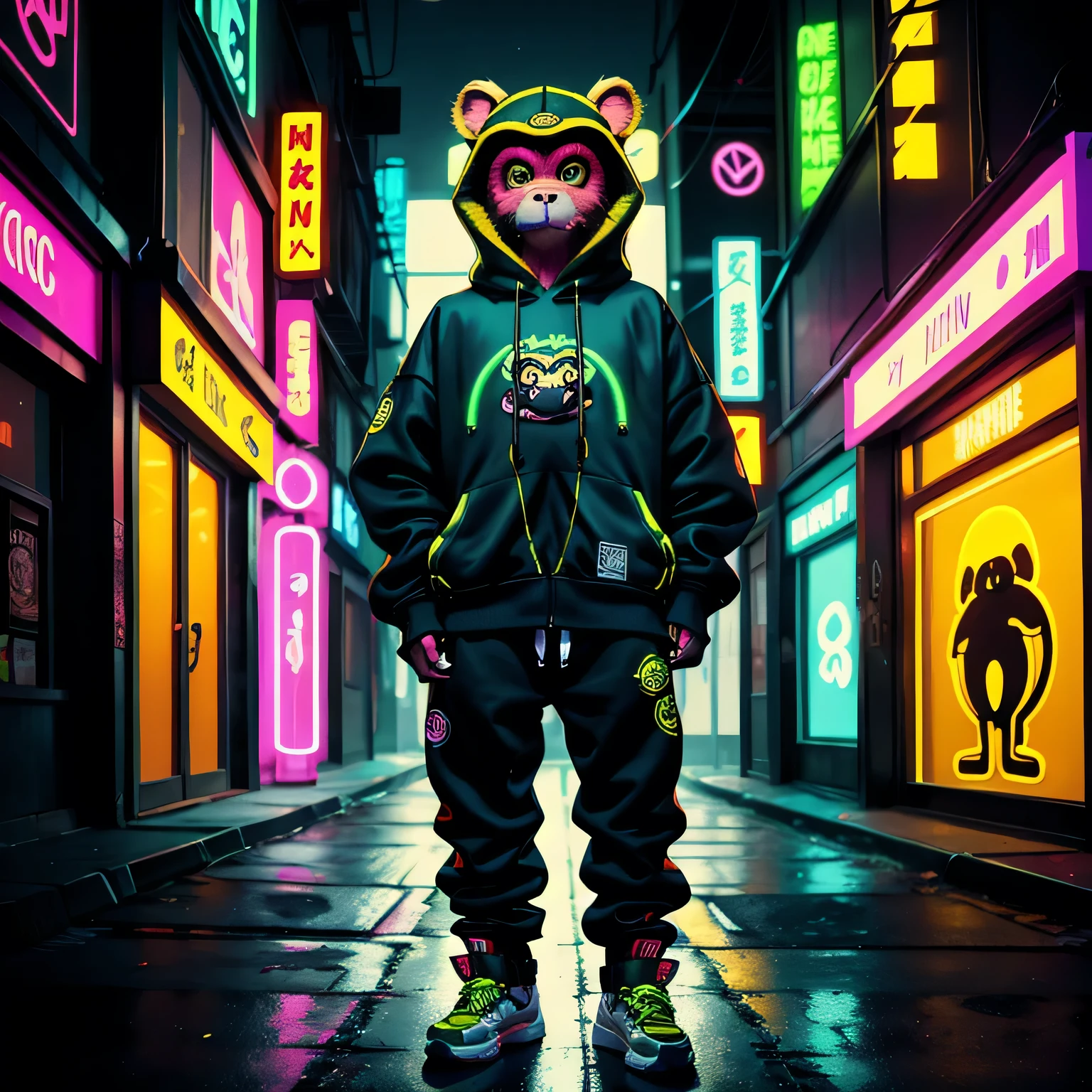 ultra-detailed anthropomorphic monkey character, cartoon-style with animal fur covering entire body, standing upright in human body form, wearing streetwear hoodie and sneakers, neon graffiti aesthetic, bold outlines, dark cyberpunk alleyway, moody urban lighting, expressive monkey face only — no human face, no human skin, no visible human features, 4k