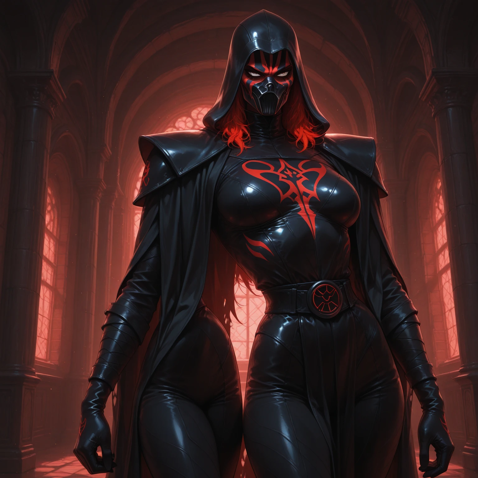 ((perfect anatomy:1.2,realistic:1.3,RAW Photography:1.3,masterpiece、highest quality、Ultra - High resolution、High resolution、Highly detailed CG、8K)), This artwork should be hyper-realistic, capturing every detail with stunning clarity, image of a dark age female plague doctor, Full body, very detailed purple armor and red mask,The outfit should be alluring ,overly revealing, unzipped:1.2, ((costume is unzipped )), narrow waist, wide hips ((bare chest)), slender body, thigh gap, skinny, (oily skin,gleaming skin,pale skin,sweat:1.2),