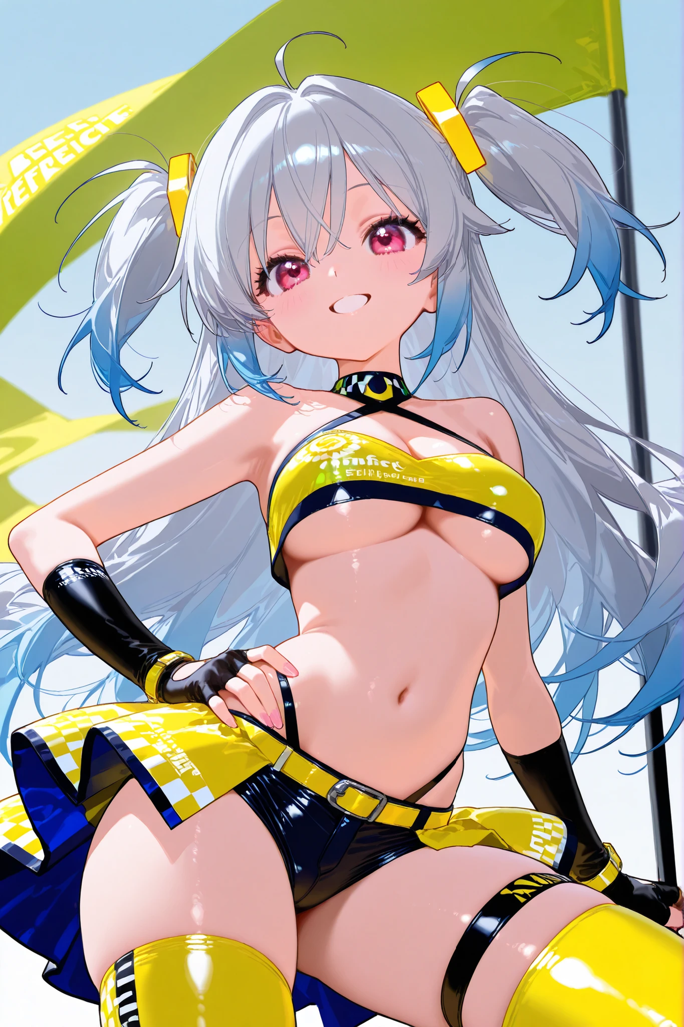 Highest quality,masterpiece,Auto racing circuit,Supermodel,Pasties,Checkered Flag,smile,Race Queen