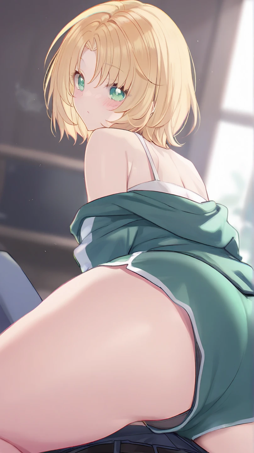 ((breasts showing), score_9, score_8_up, score_7_up, source_anime, rating_safe, , (realistic:0.6), , depth of field, 1girl, solo, sachi_umino, blonde hair, purple eyes, short hair, bangs, hair between eyes, close-up, apartment, indoors, dark, standing on one leg, wavy mouth, crop top camisole, navel, she is hot and very swearty, wet body ,half naked, pussy, sex with a man who younger than her, armpits, sweaty armpits, spread pussy, wet pussy, squirting, soft pubic hair